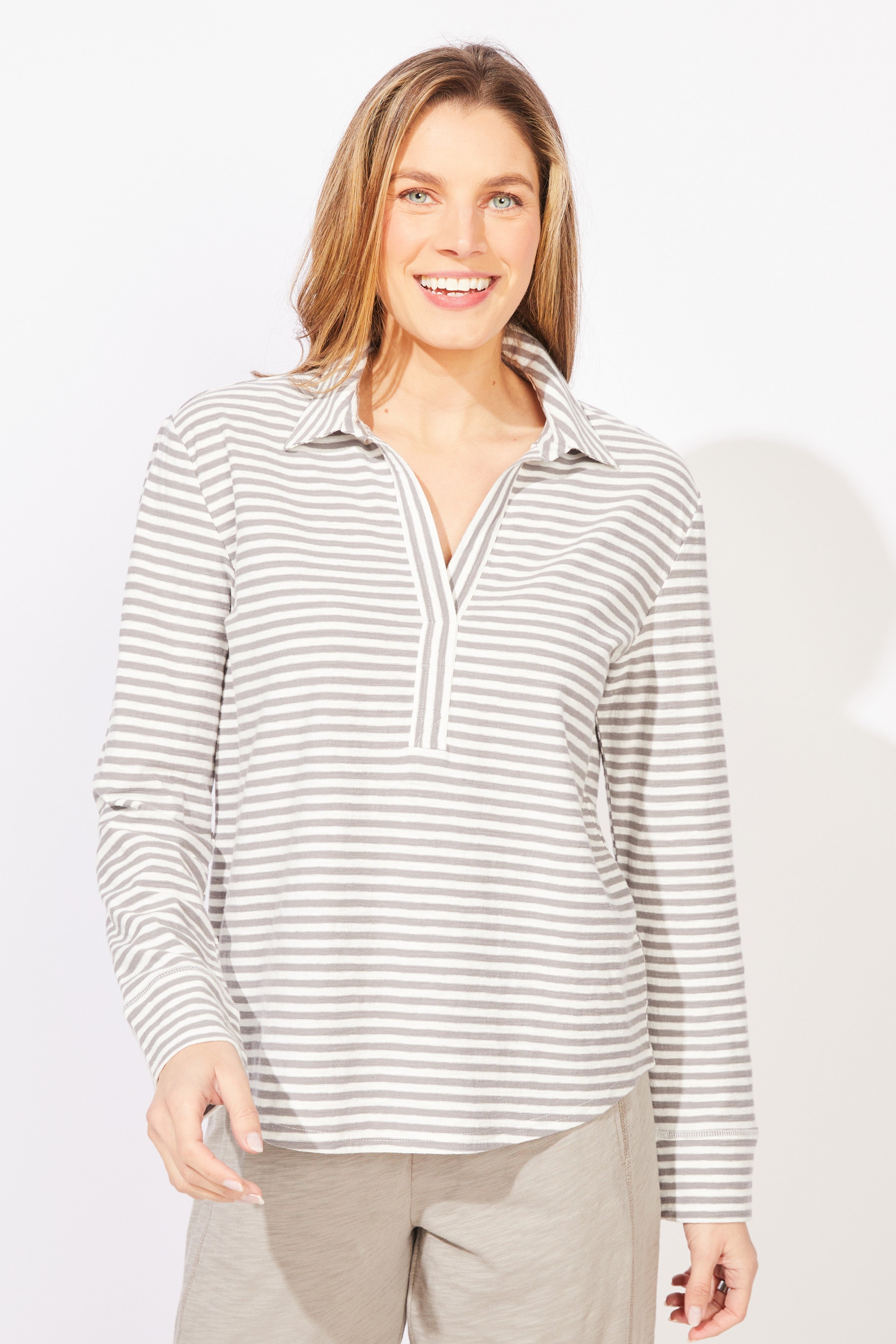 Verona Stripe Primo Split Neck - Pearl