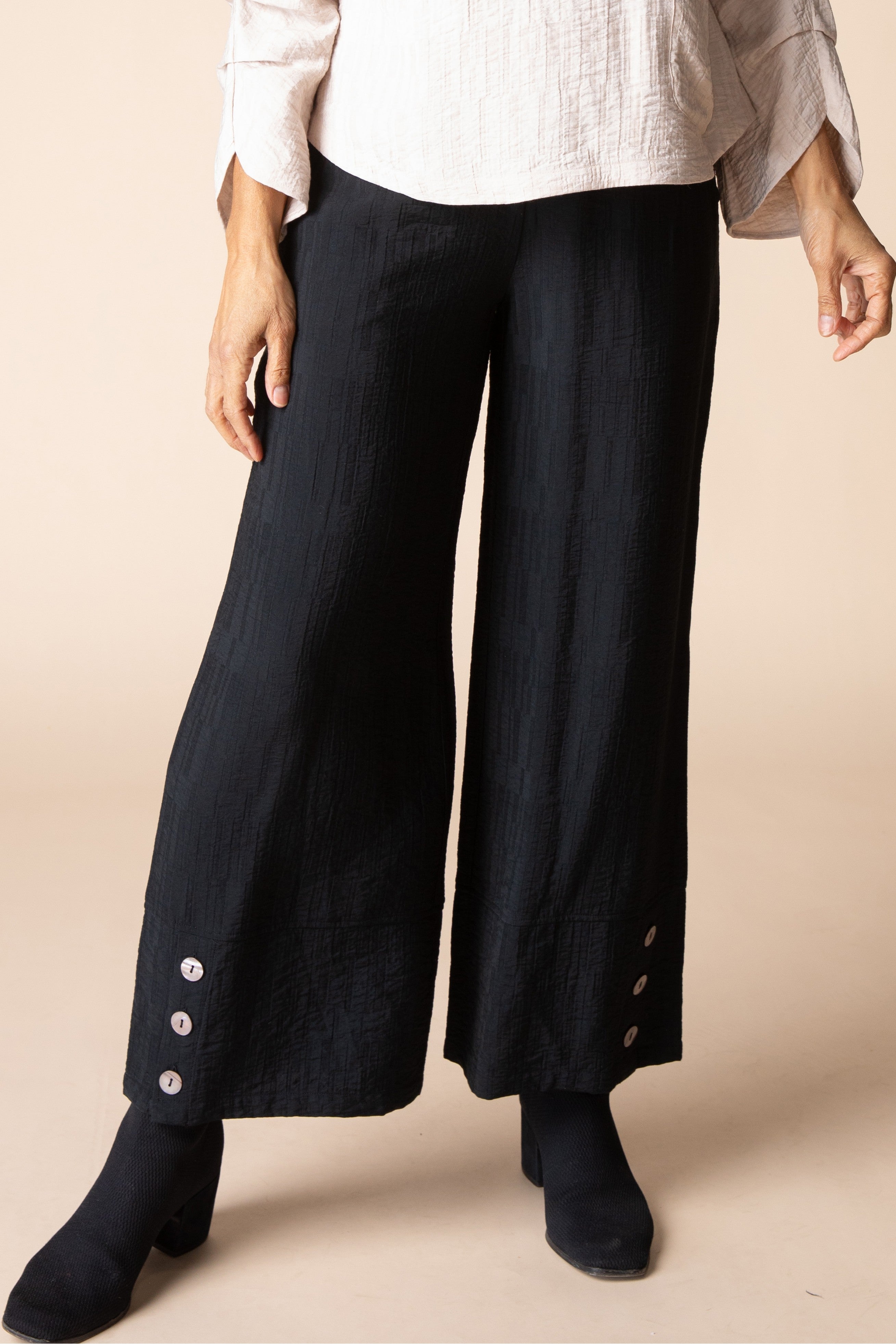 Rayon Jacquard Button-Hem Pant - Black