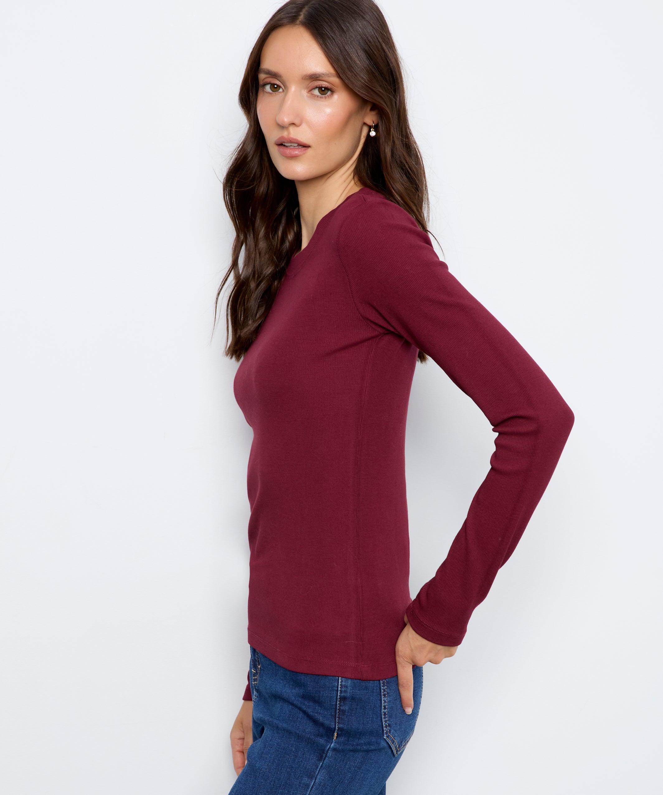 Tencel Rib Long Sleeve Crew Neck - Merlot