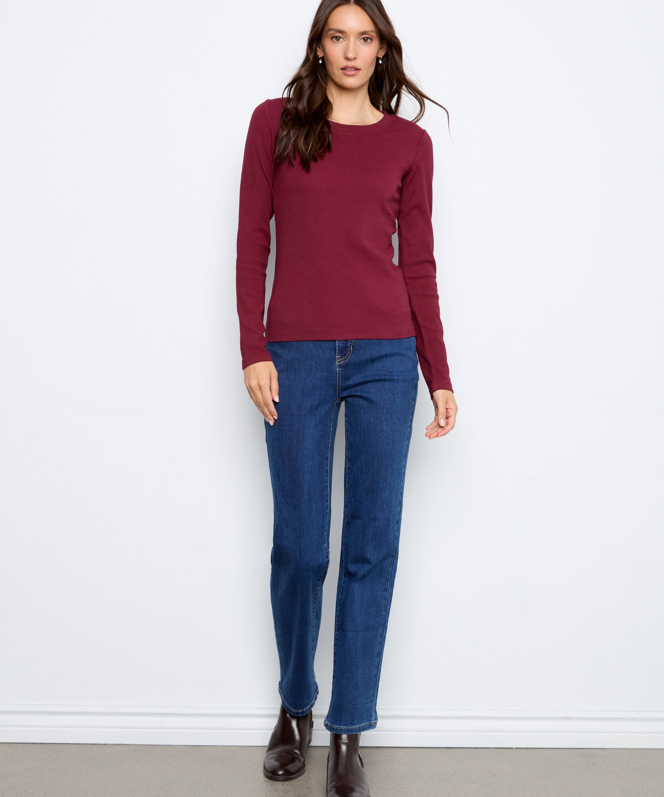 Tencel Rib Long Sleeve Crew Neck - Merlot