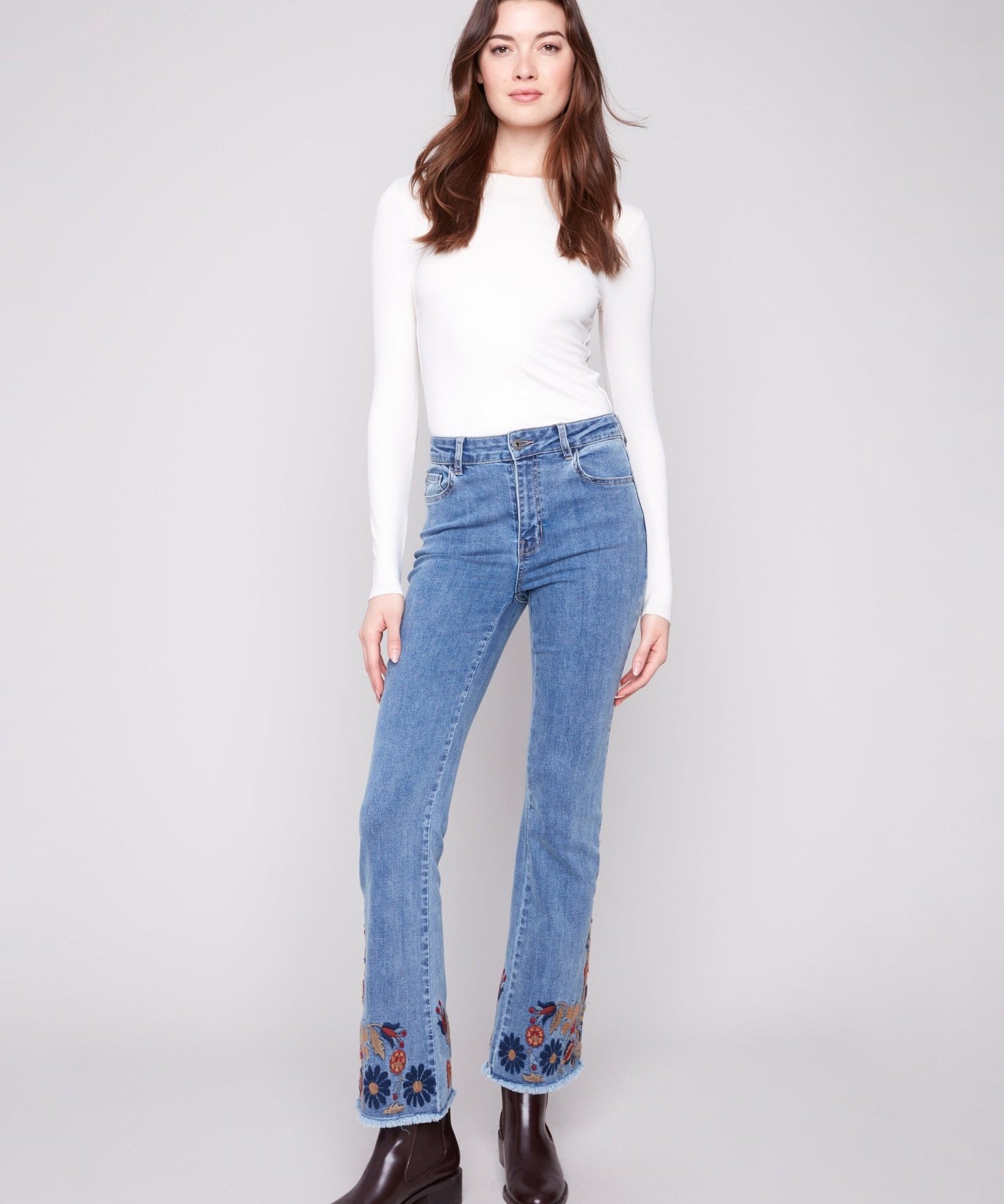 Flare Leg Stretch Denim Pants with Colorful Embroidery on Sides and Hem - Charlie B - 690178699573 - Sugar River Shoppe - 