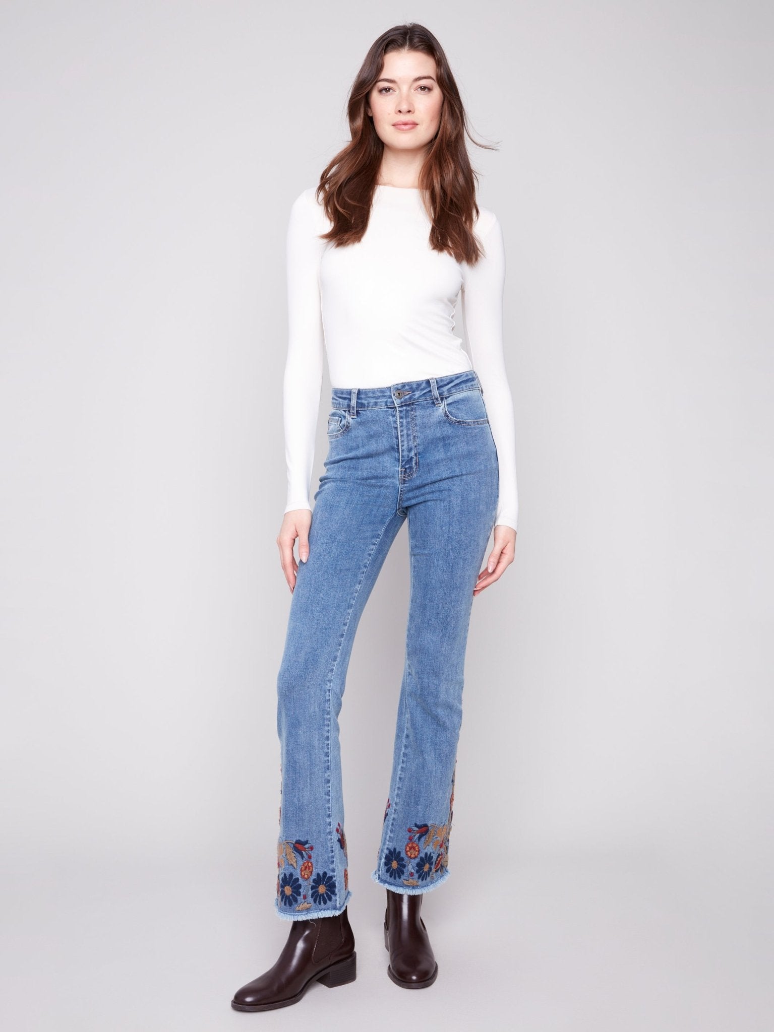Flare Leg Stretch Denim Pants with Colorful Embroidery on Sides and Hem - Charlie B - 690178699573 - Sugar River Shoppe - 