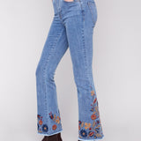 Flare Leg Stretch Denim Pants with Colorful Embroidery on Sides and Hem - Charlie B - 690178699573 - Sugar River Shoppe - 