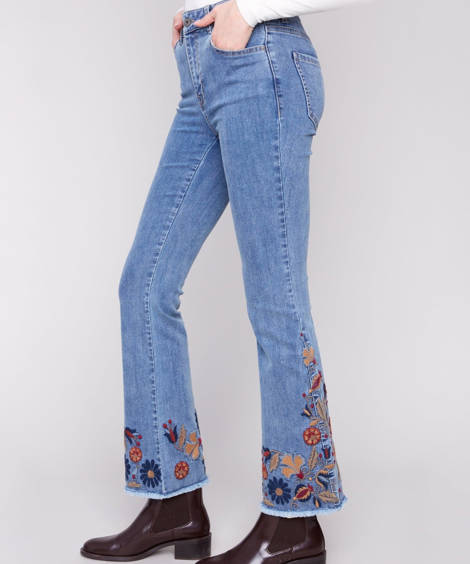Flare Leg Stretch Denim Pants with Colorful Embroidery on Sides and Hem - Charlie B - 690178699573 - Sugar River Shoppe - 