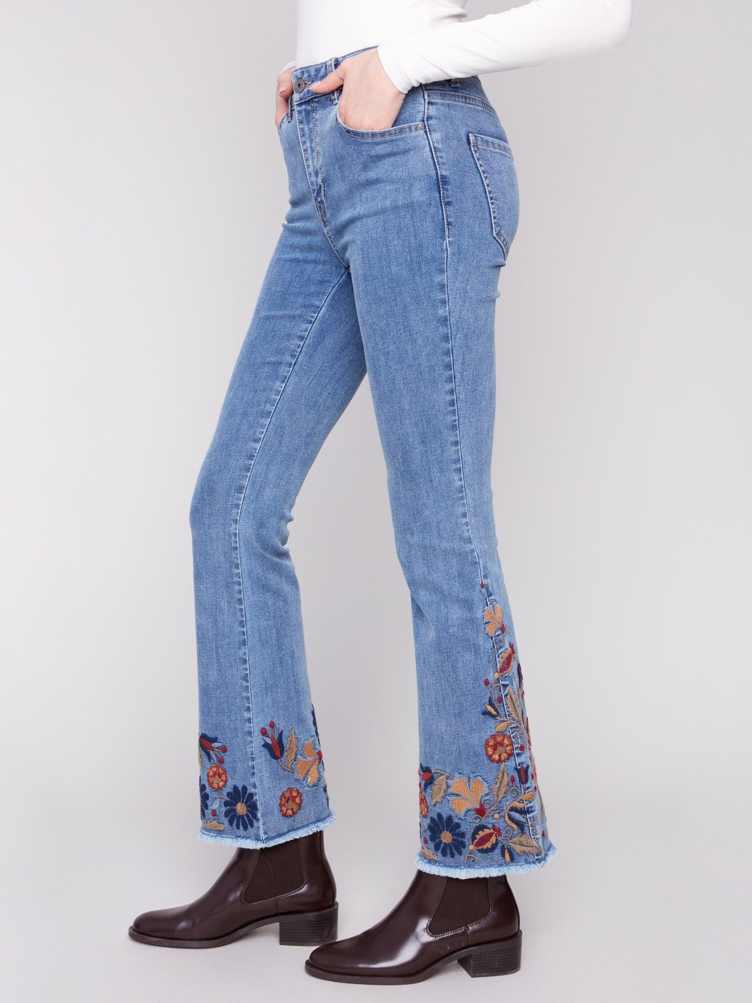 Flare Leg Stretch Denim Pants with Colorful Embroidery on Sides and Hem - Charlie B - 690178699573 - Sugar River Shoppe - 