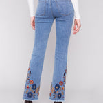 Flare Leg Stretch Denim Pants with Colorful Embroidery on Sides and Hem - Charlie B - 690178699573 - Sugar River Shoppe - 