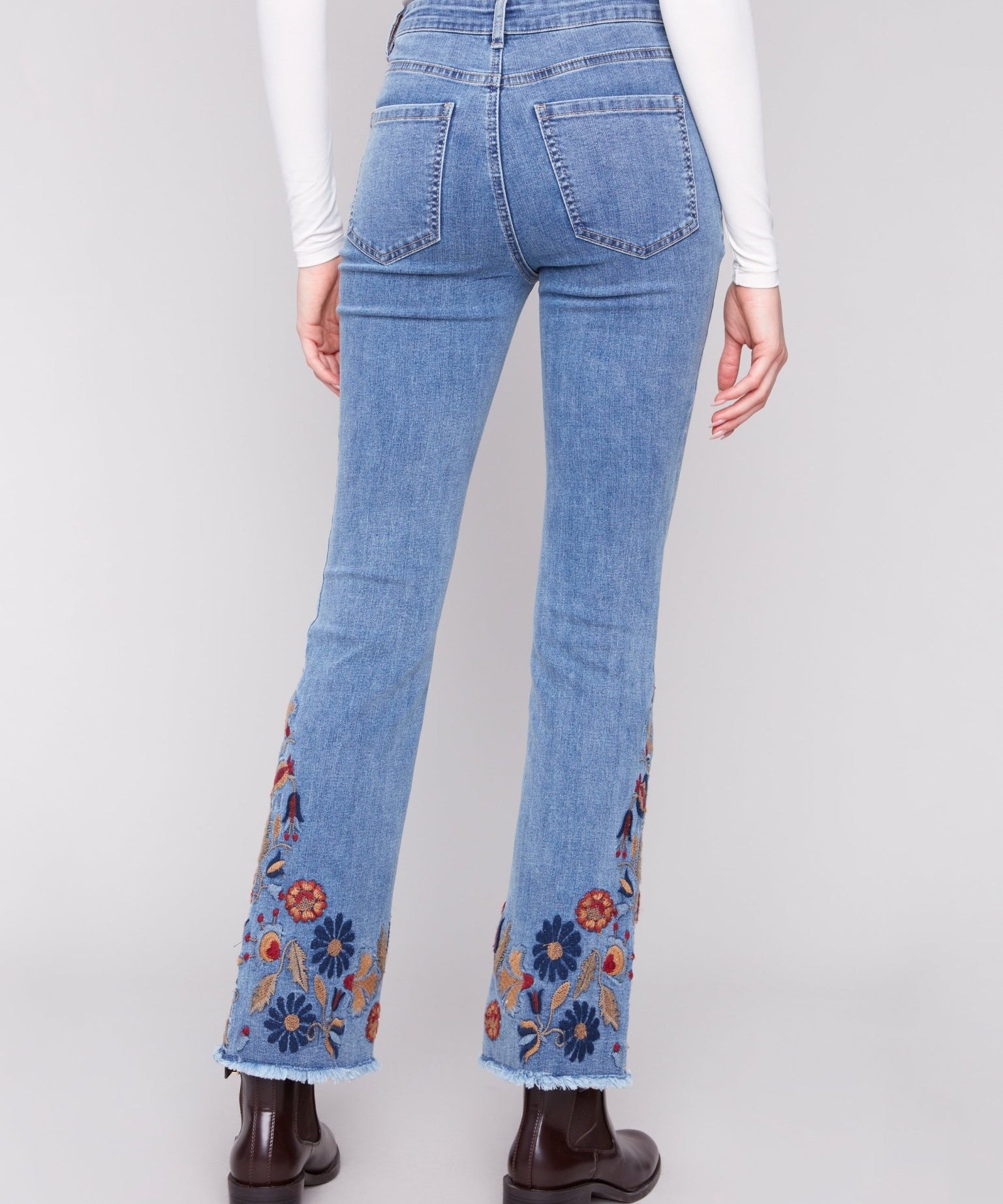 Flare Leg Stretch Denim Pants with Colorful Embroidery on Sides and Hem - Charlie B - 690178699573 - Sugar River Shoppe - 