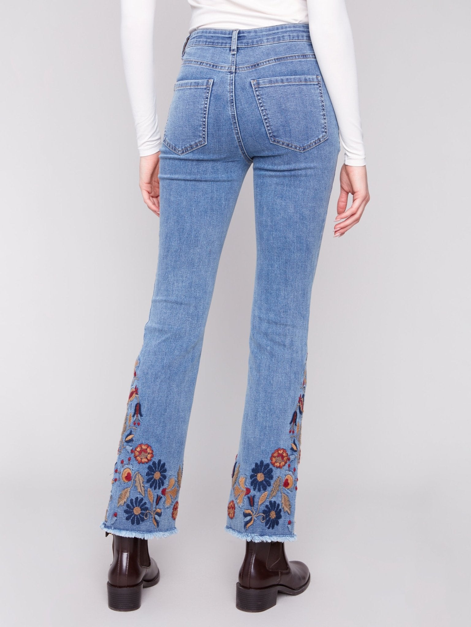 Flare Leg Stretch Denim Pants with Colorful Embroidery on Sides and Hem - Charlie B - 690178699573 - Sugar River Shoppe - 