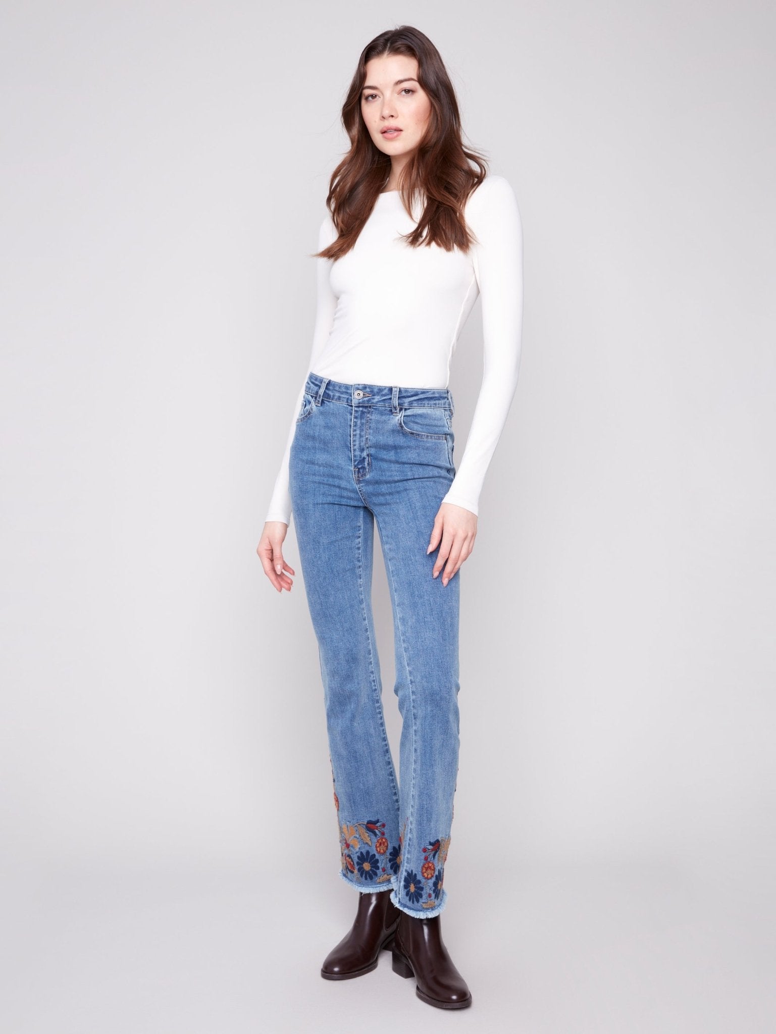 Flare Leg Stretch Denim Pants with Colorful Embroidery on Sides and Hem - Charlie B - 690178699573 - Sugar River Shoppe - 