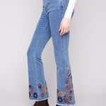 Flare Leg Stretch Denim Pants with Colorful Embroidery on Sides and Hem - Charlie B - 690178699573 - Sugar River Shoppe - 