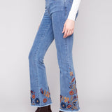 Flare Leg Stretch Denim Pants with Colorful Embroidery on Sides and Hem - Charlie B - 690178699573 - Sugar River Shoppe - 
