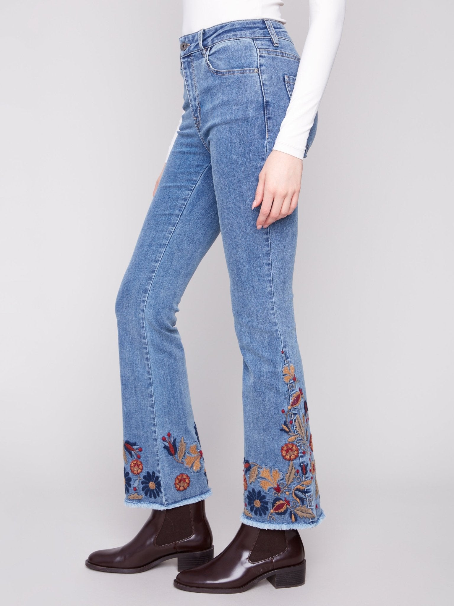 Flare Leg Stretch Denim Pants with Colorful Embroidery on Sides and Hem - Charlie B - 690178699573 - Sugar River Shoppe - 
