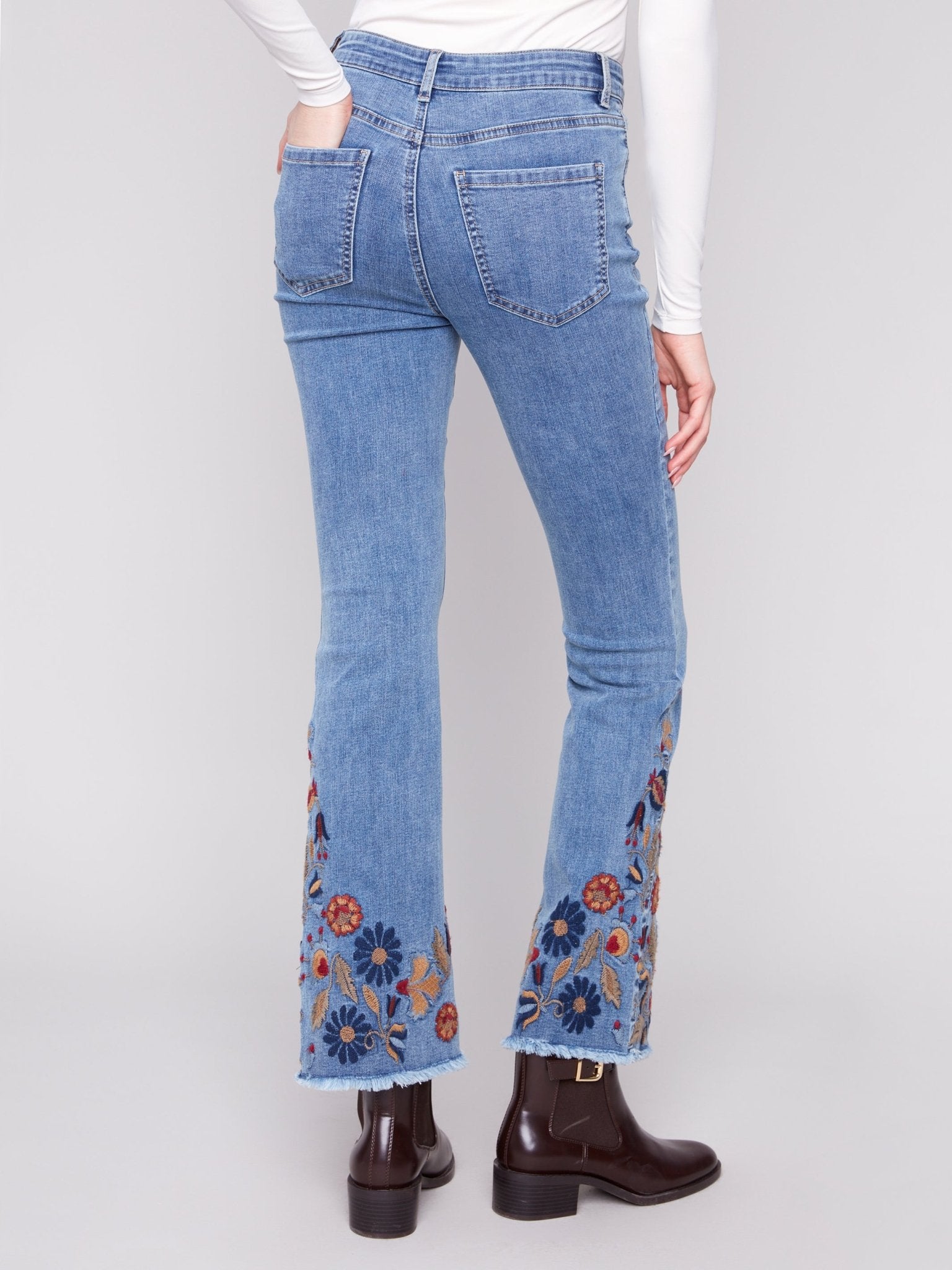 Flare Leg Stretch Denim Pants with Colorful Embroidery on Sides and Hem - Charlie B - 690178699573 - Sugar River Shoppe - 