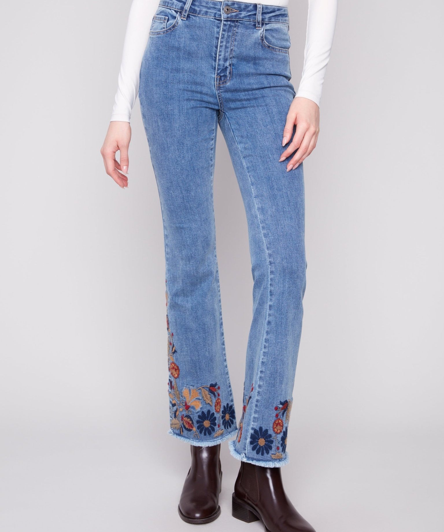 Flare Leg Stretch Denim Pants with Colorful Embroidery on Sides and Hem - Charlie B - 690178699573 - Sugar River Shoppe - 