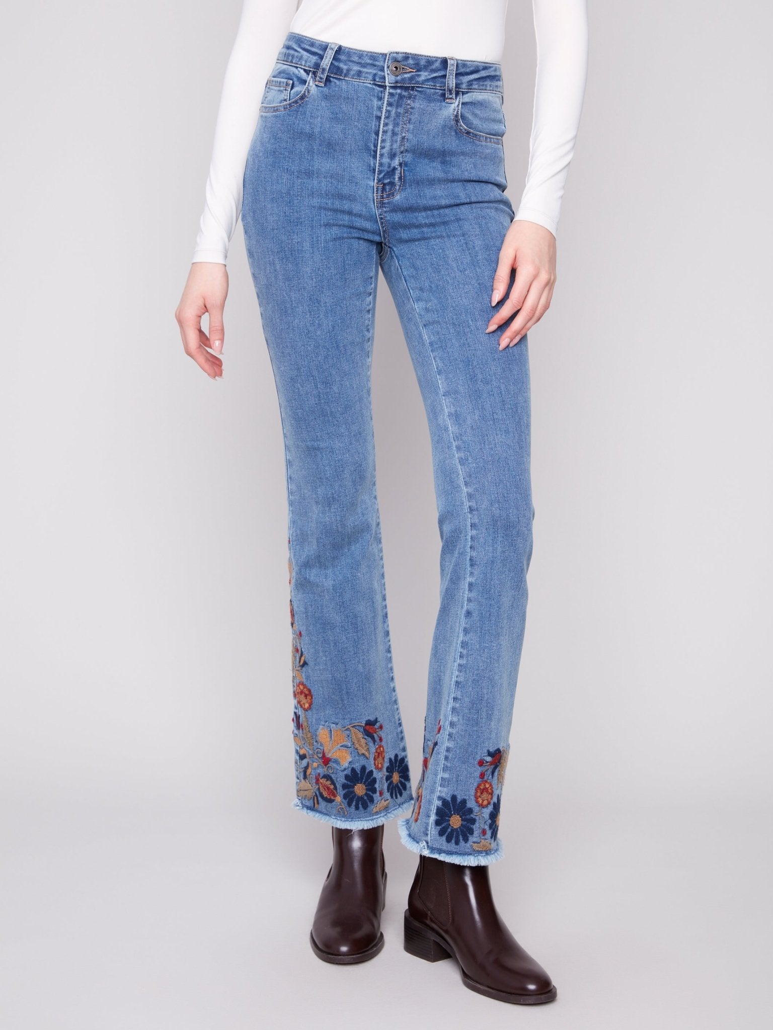 Flare Leg Stretch Denim Pants with Colorful Embroidery on Sides and Hem - Charlie B - 690178699573 - Sugar River Shoppe - 