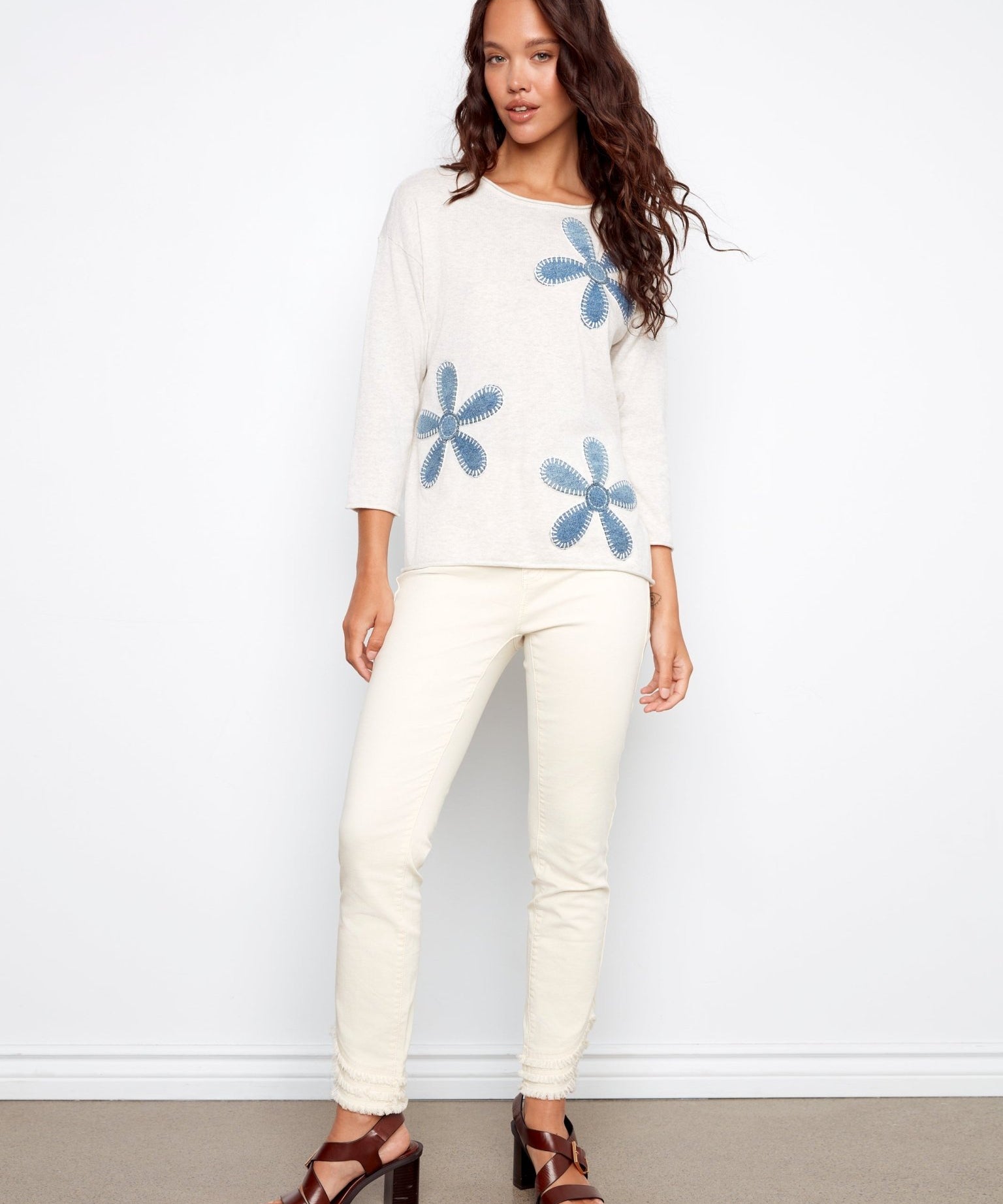 Floral Denim Patch Sweater - Heather Oat - Charlie B - 690178726309 - Sugar River Shoppe - 