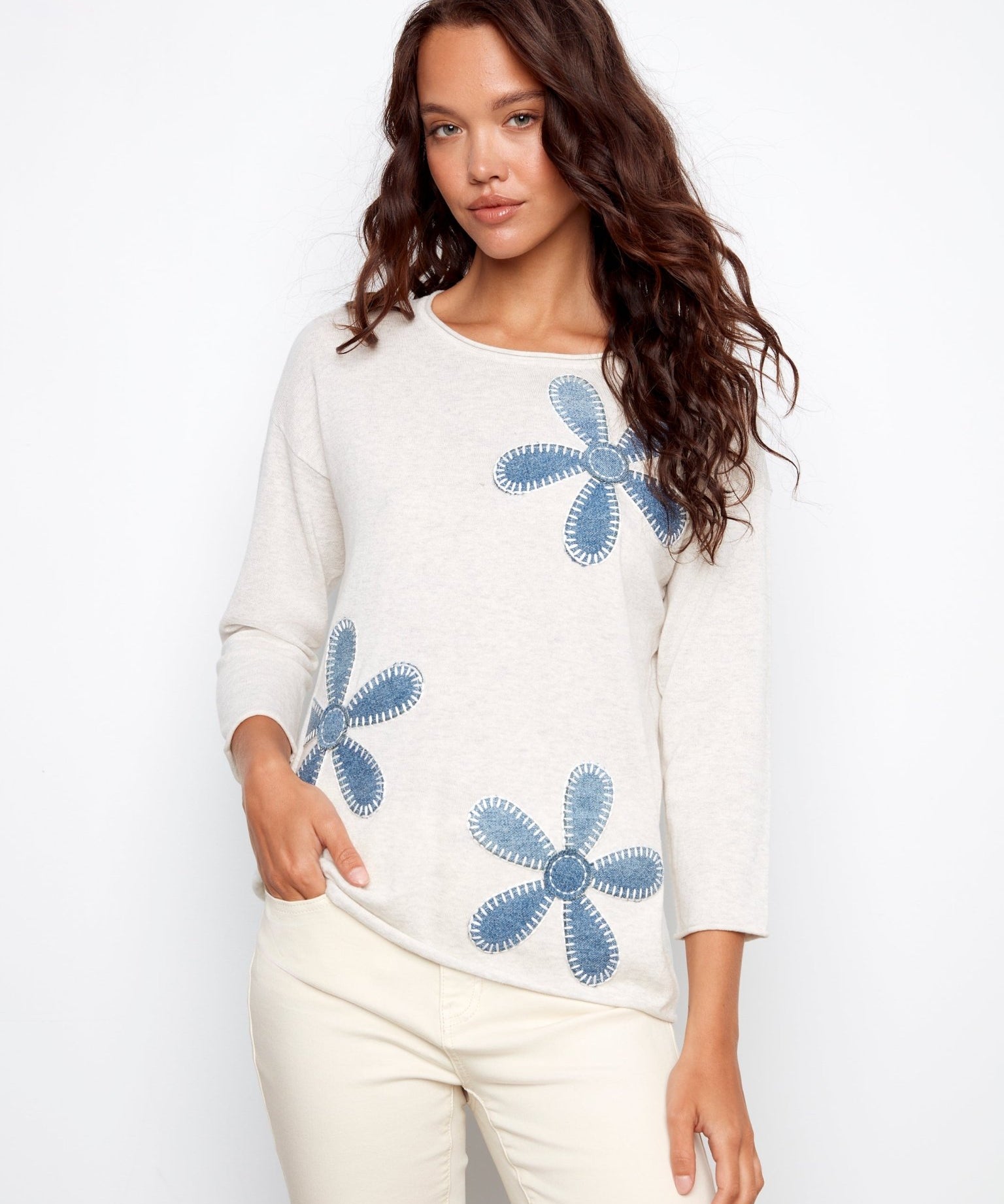 Floral Denim Patch Sweater - Heather Oat - Charlie B - 690178726309 - Sugar River Shoppe - 