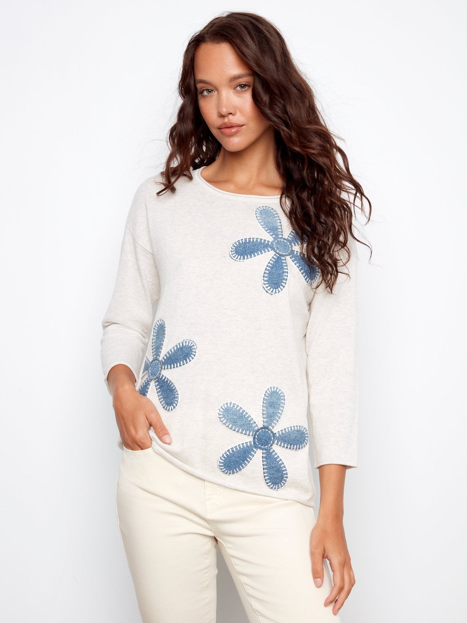 Floral Denim Patch Sweater - Heather Oat - Charlie B - 690178726309 - Sugar River Shoppe - 