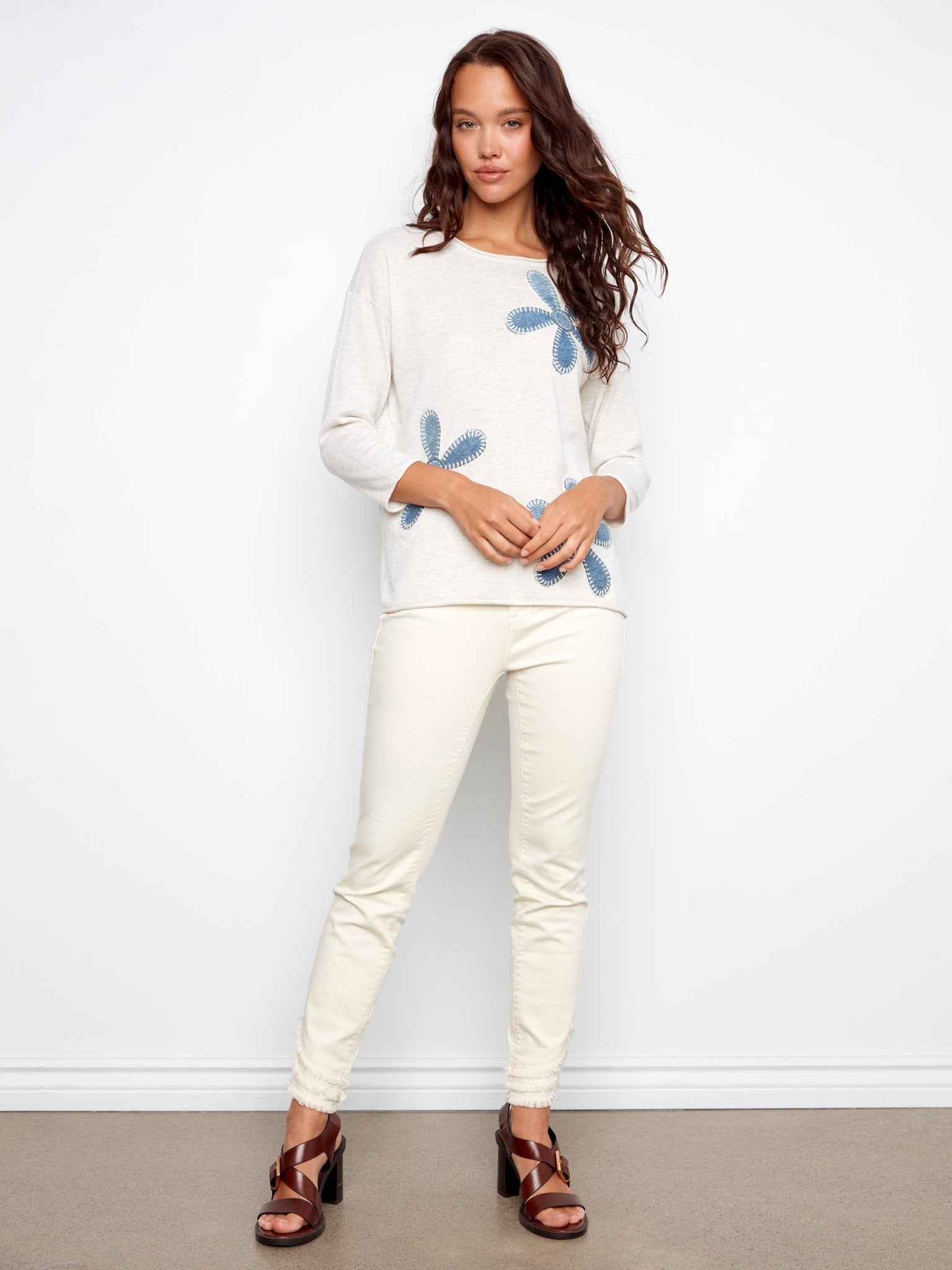 Floral Denim Patch Sweater - Heather Oat - Charlie B - 690178726309 - Sugar River Shoppe - 