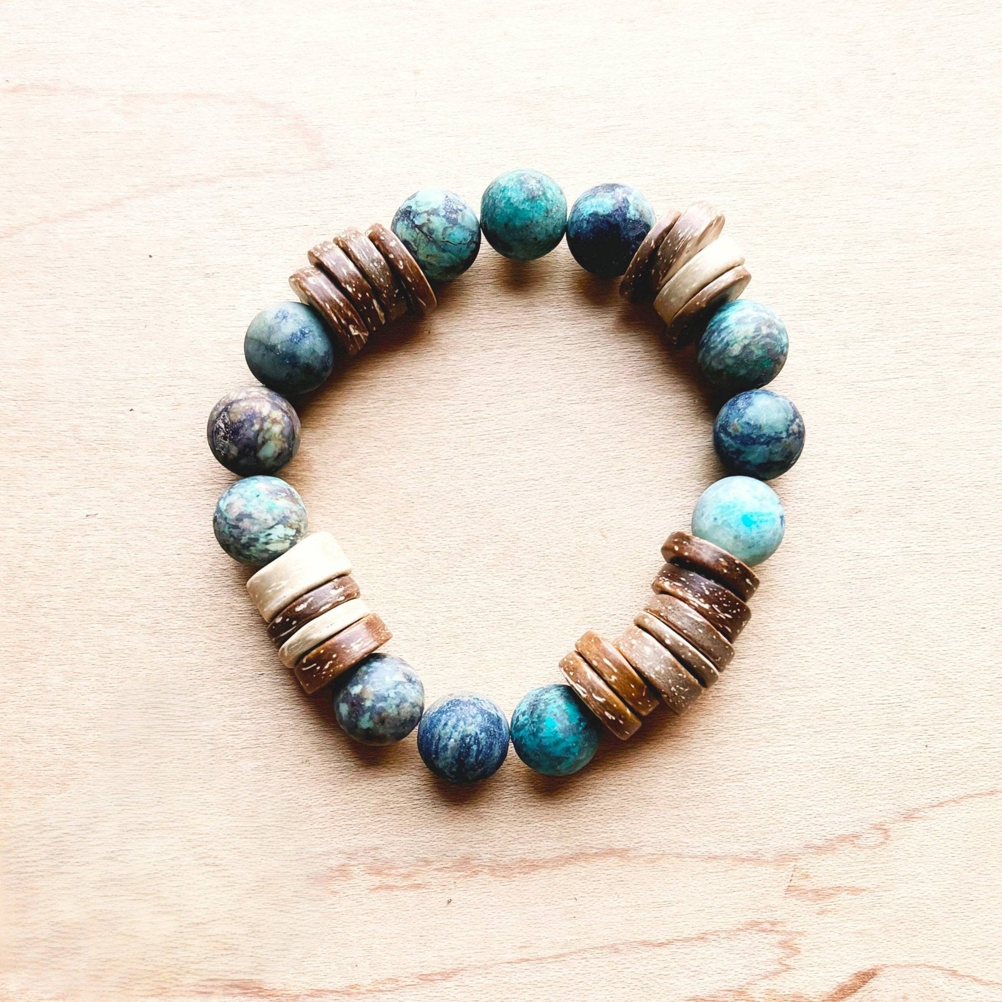 Frosted African Turquoise and Wood Stretch Bracelet - The Jewelry Junkie - 676327716100 - Sugar River Shoppe - 