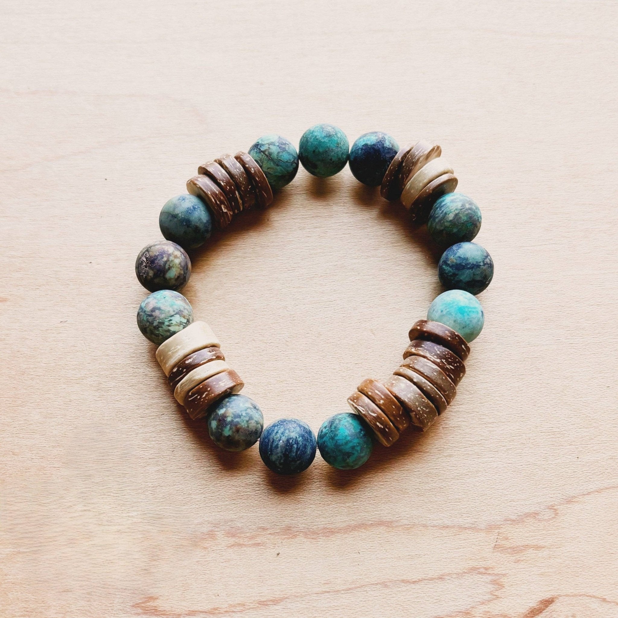 Frosted African Turquoise and Wood Stretch Bracelet - The Jewelry Junkie - 676327716100 - Sugar River Shoppe - 