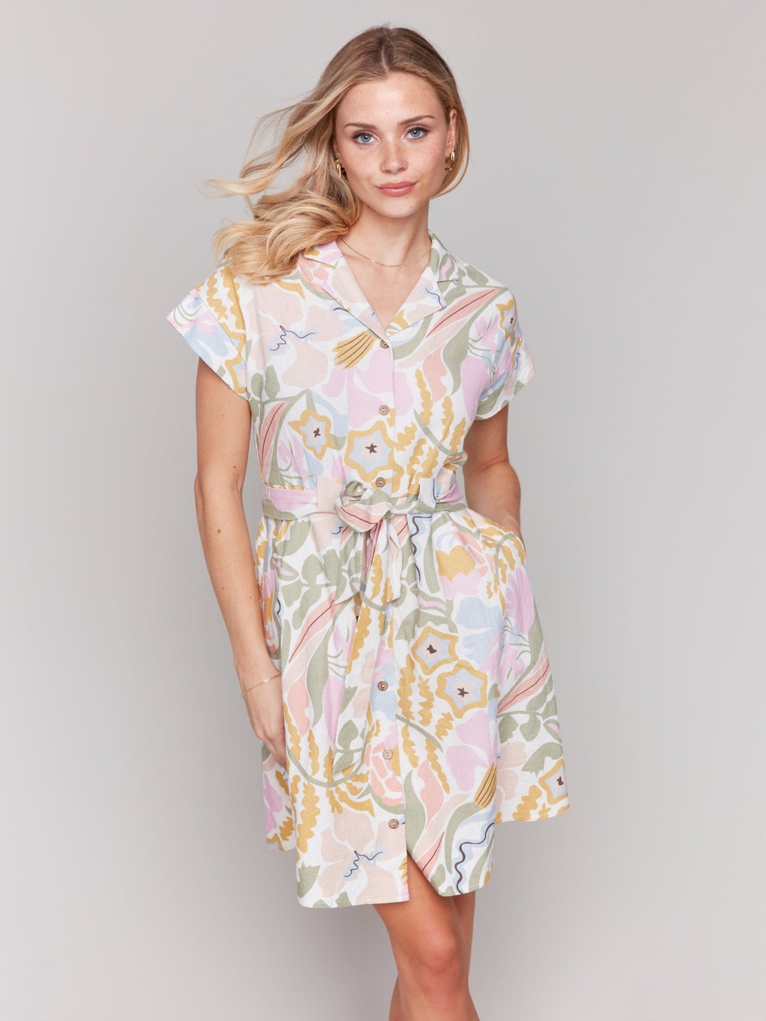Linen Blend Short Sleeve Button - Front Dress - Charlie B - 690178583674 - Sugar River Shoppe - 
