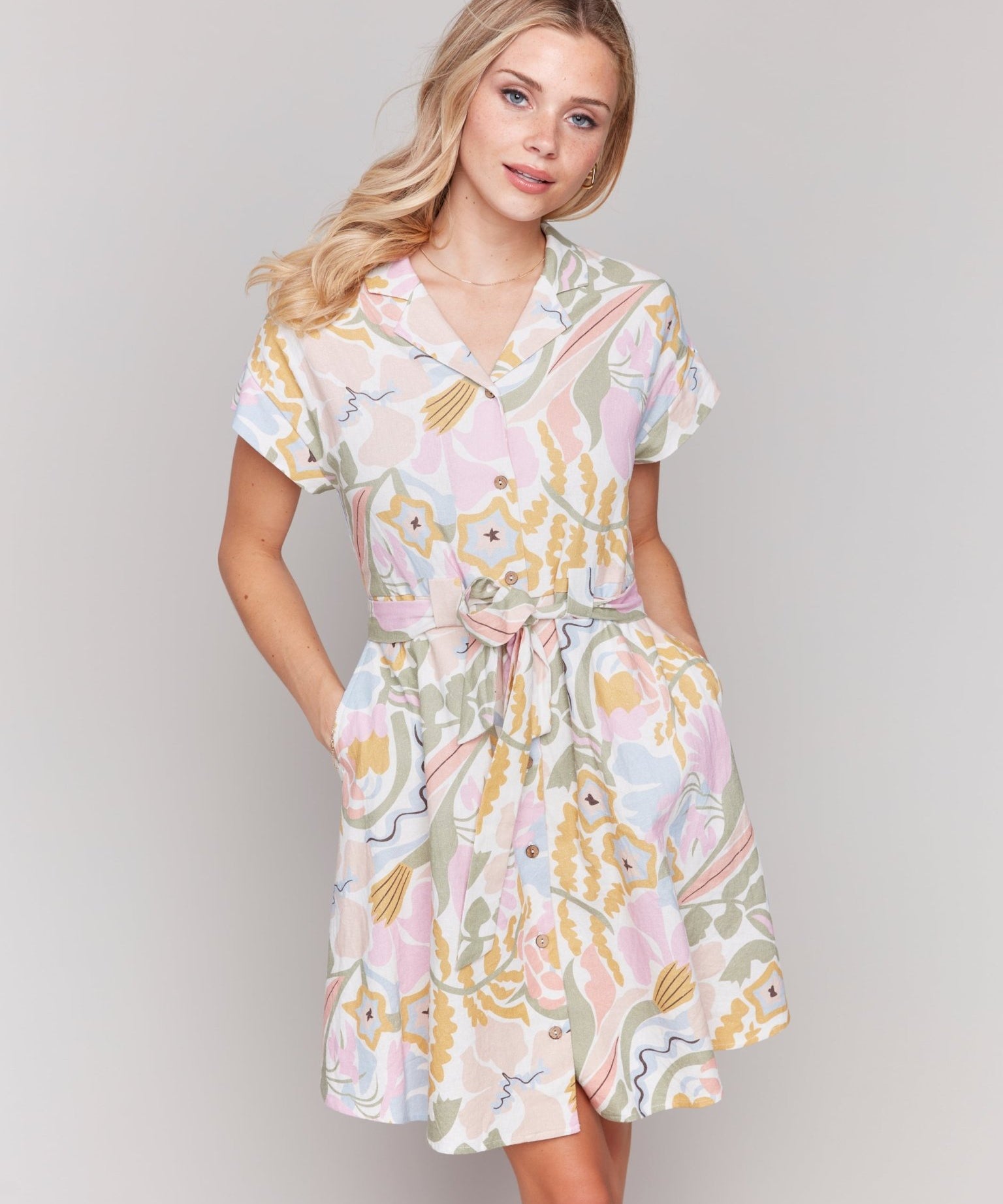 Linen Blend Short Sleeve Button - Front Dress - Charlie B - 690178583674 - Sugar River Shoppe - 