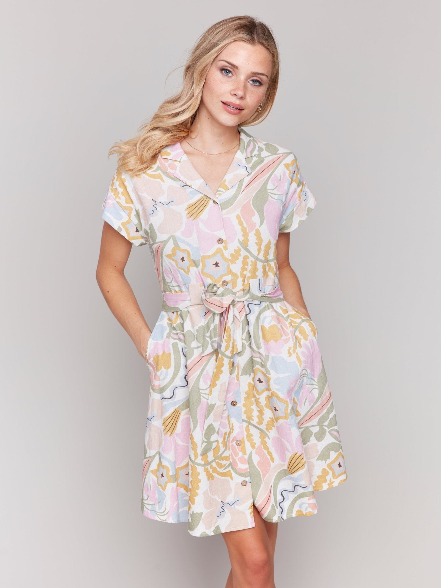 Linen Blend Short Sleeve Button - Front Dress - Charlie B - 690178583674 - Sugar River Shoppe - 