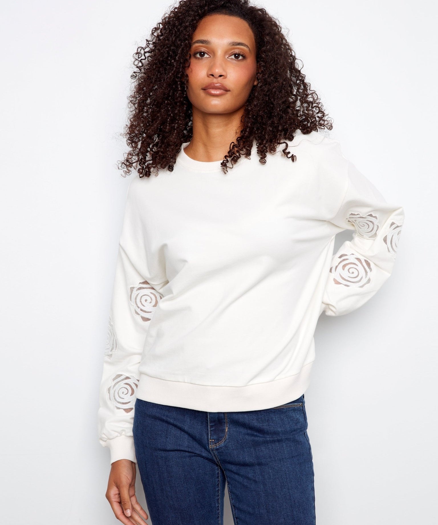 Long Sleeve French Terry Top with Sleeve Embroidery - Charlie B - 690178719196 - Sugar River Shoppe - 