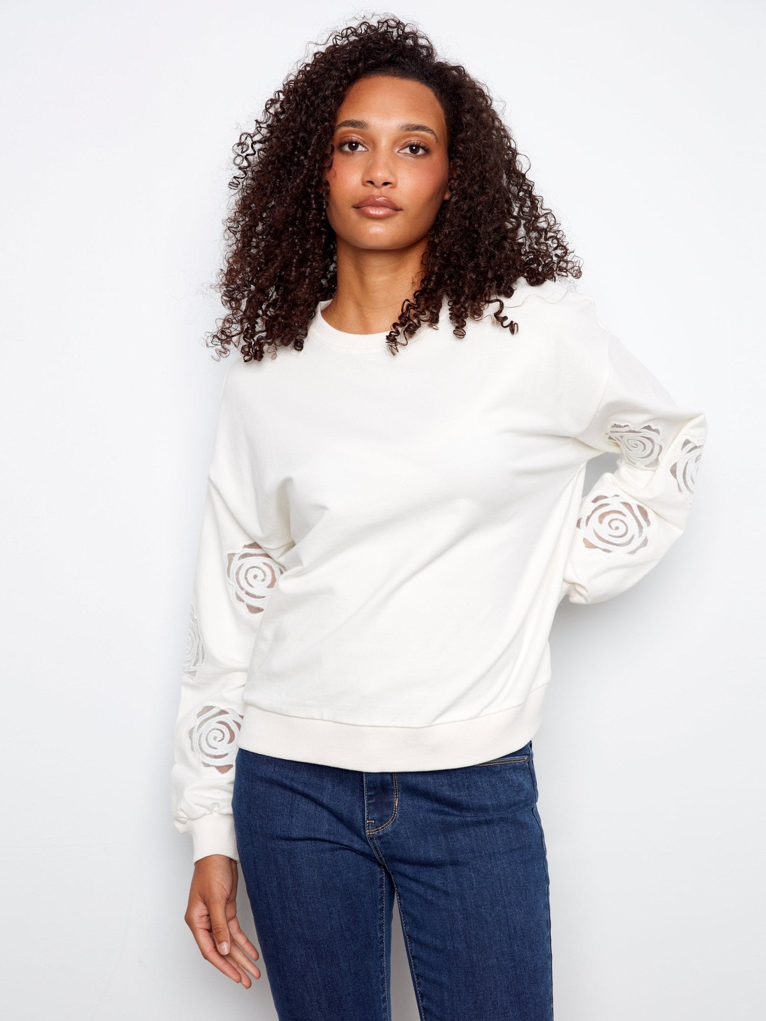 Long Sleeve French Terry Top with Sleeve Embroidery - Charlie B - 690178719196 - Sugar River Shoppe - 