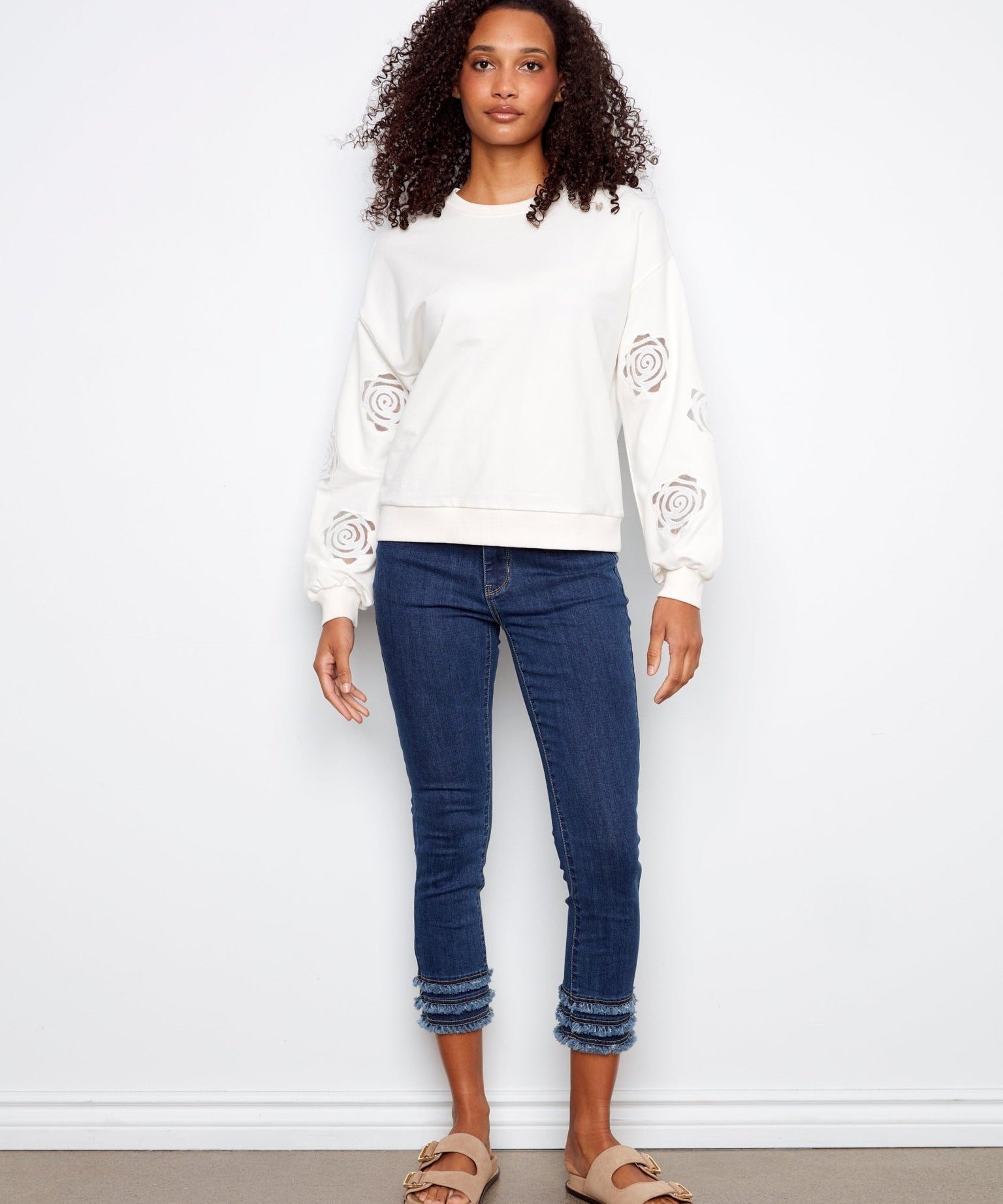 Long Sleeve French Terry Top with Sleeve Embroidery - Charlie B - 690178719196 - Sugar River Shoppe - 