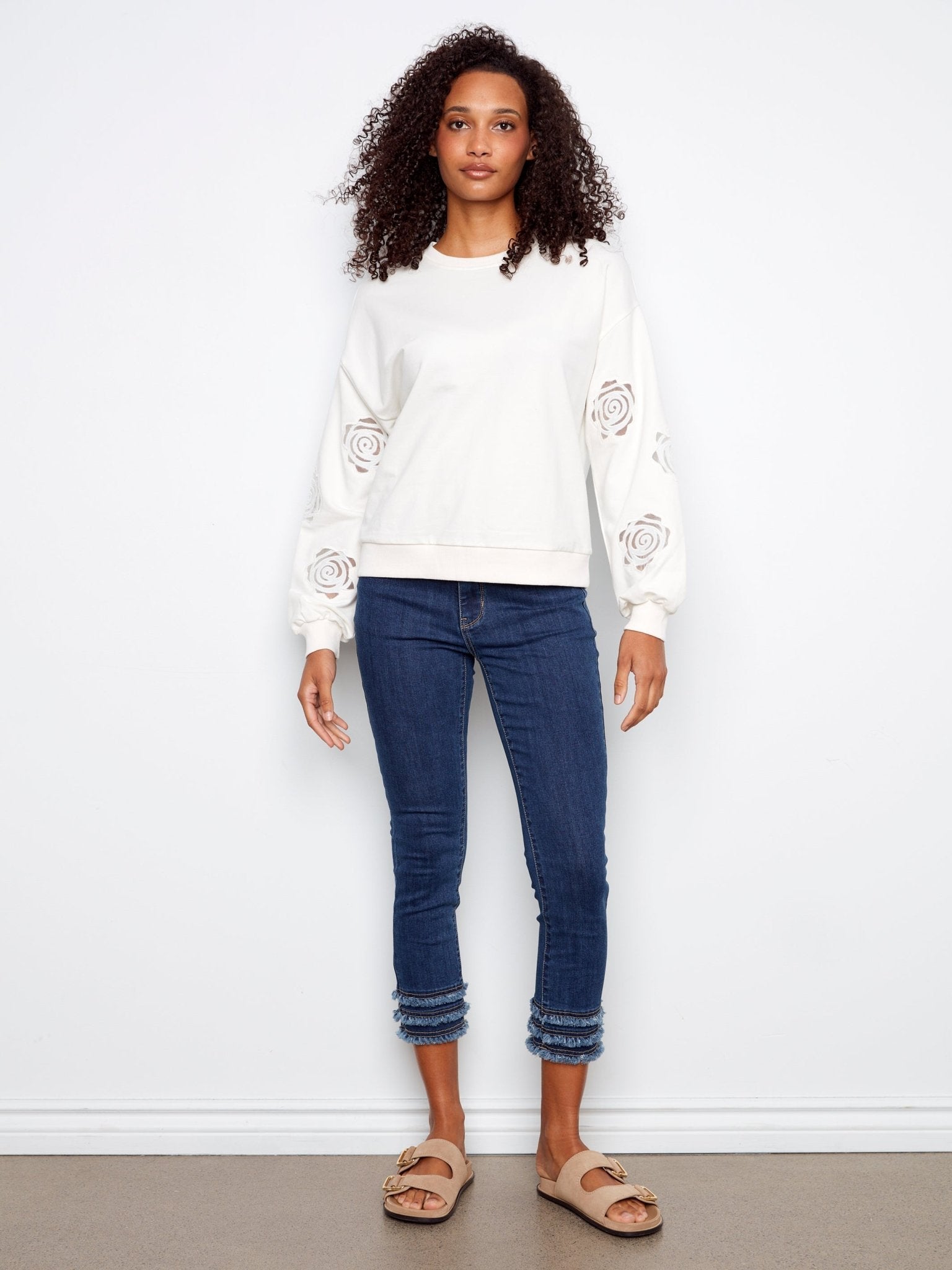 Long Sleeve French Terry Top with Sleeve Embroidery - Charlie B - 690178719196 - Sugar River Shoppe - 