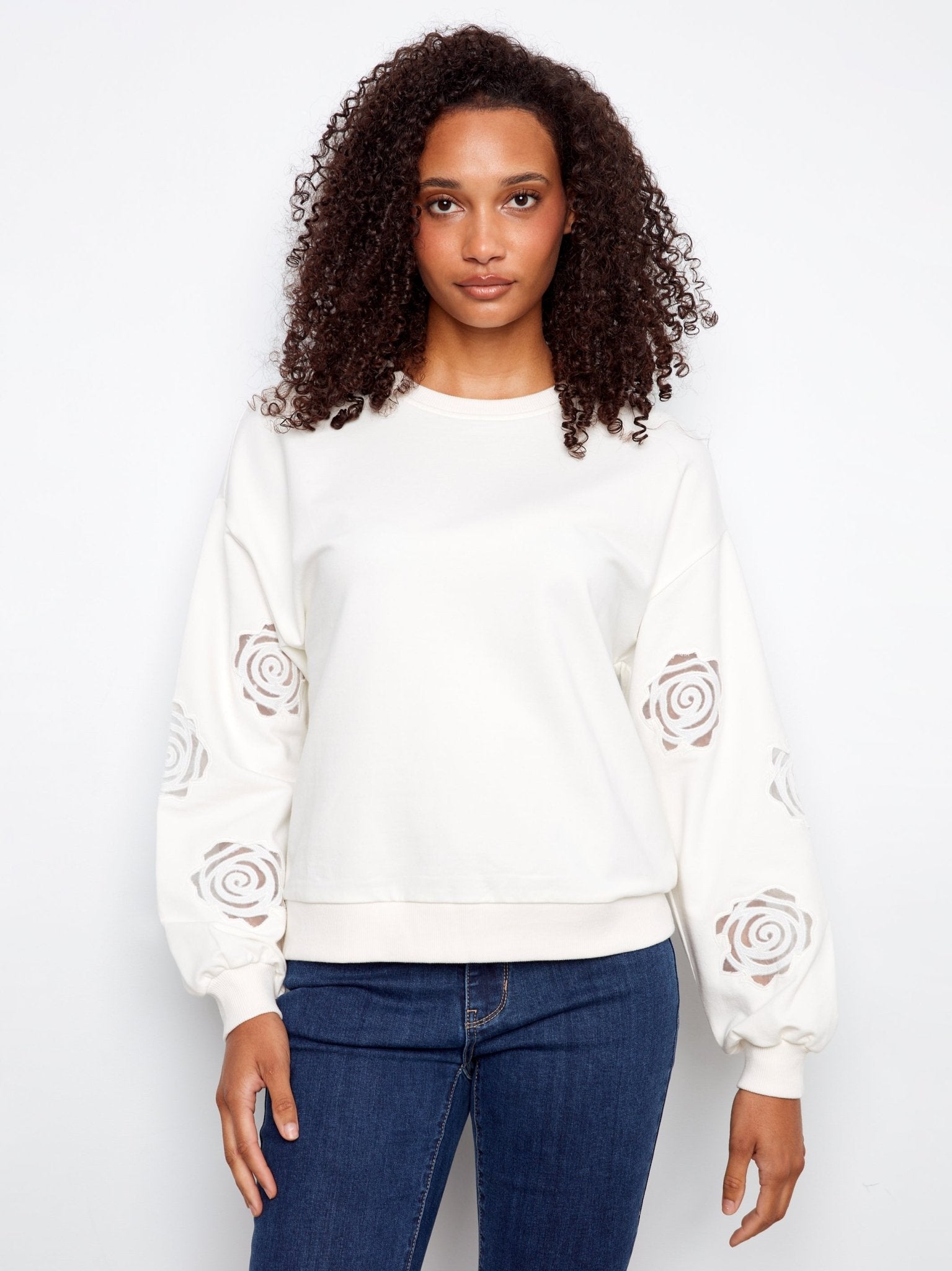 Long Sleeve French Terry Top with Sleeve Embroidery - Charlie B - 690178719196 - Sugar River Shoppe - 