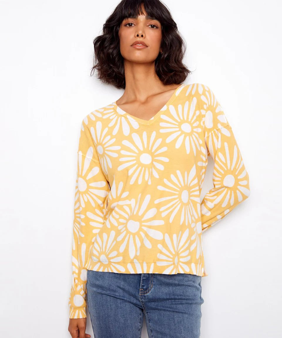 Long Sleeve Reversible Printed V - Neck Sweater - Charlie B - 690178726125 - Sugar River Shoppe - 