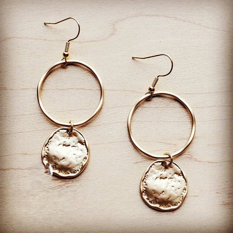 Matte Gold Hoop Earrings with Coin Dangle - The Jewelry Junkie - 788927622054 - Sugar River Shoppe - 