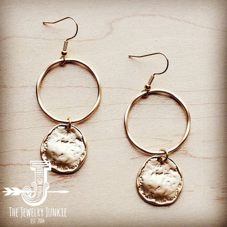 Matte Gold Hoop Earrings with Coin Dangle - The Jewelry Junkie - 788927622054 - Sugar River Shoppe - 