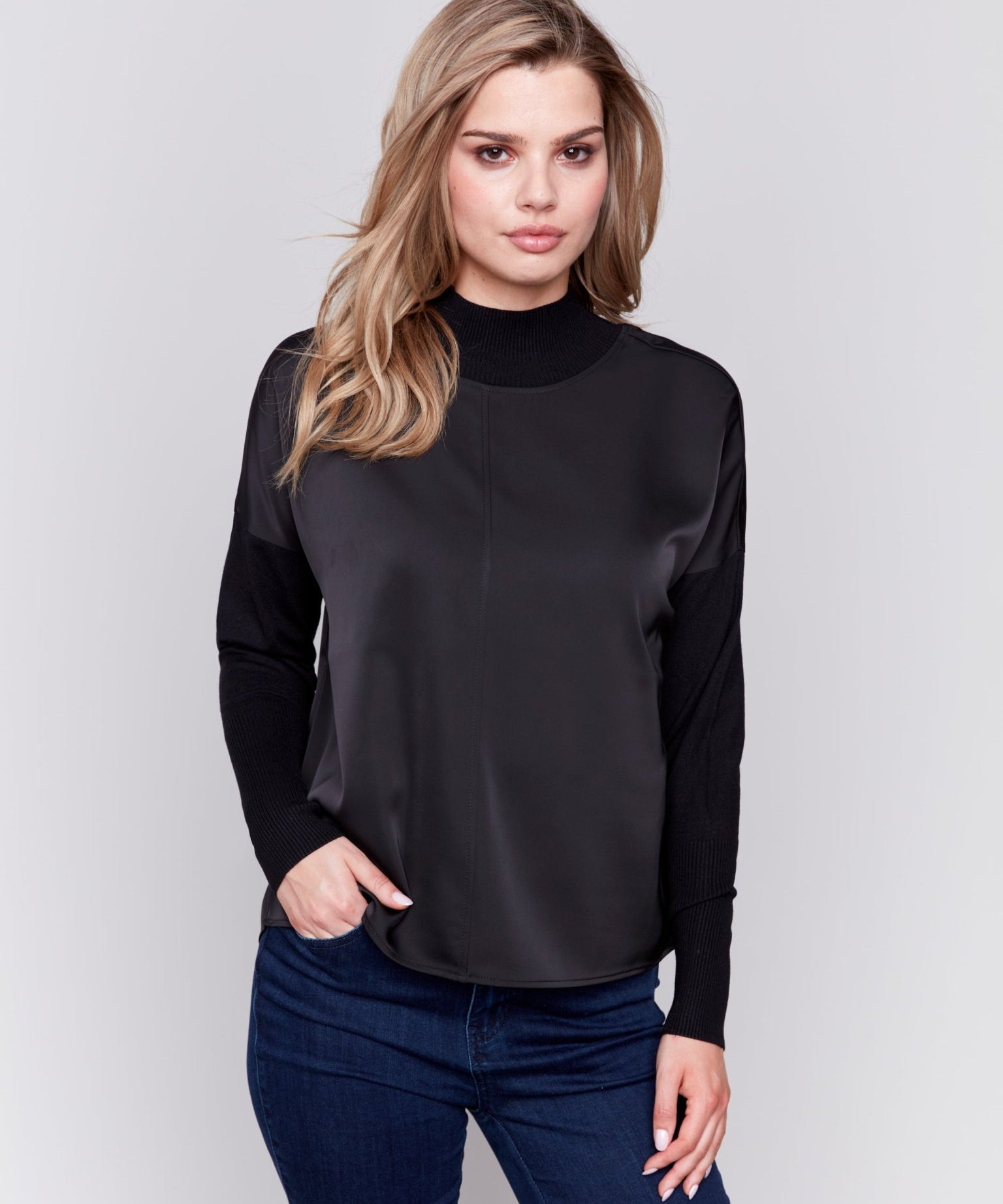 Mock - Neck Satin - Knit Combo Top With Front Seam Detail And Rib Cuffs - Charlie B - 690178515774 - Sugar River Shoppe - 