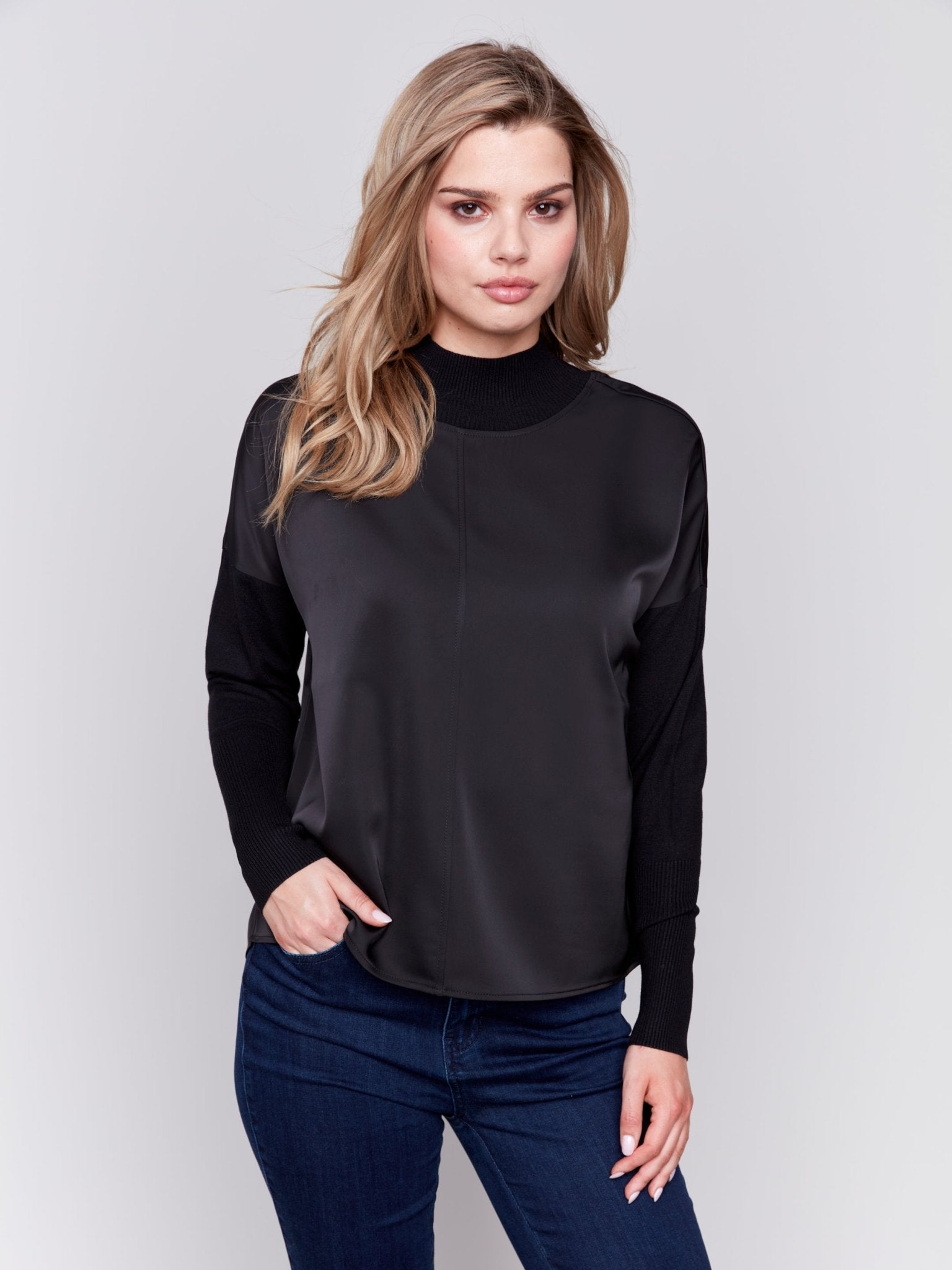 Mock - Neck Satin - Knit Combo Top With Front Seam Detail And Rib Cuffs - Charlie B - 690178515774 - Sugar River Shoppe - 