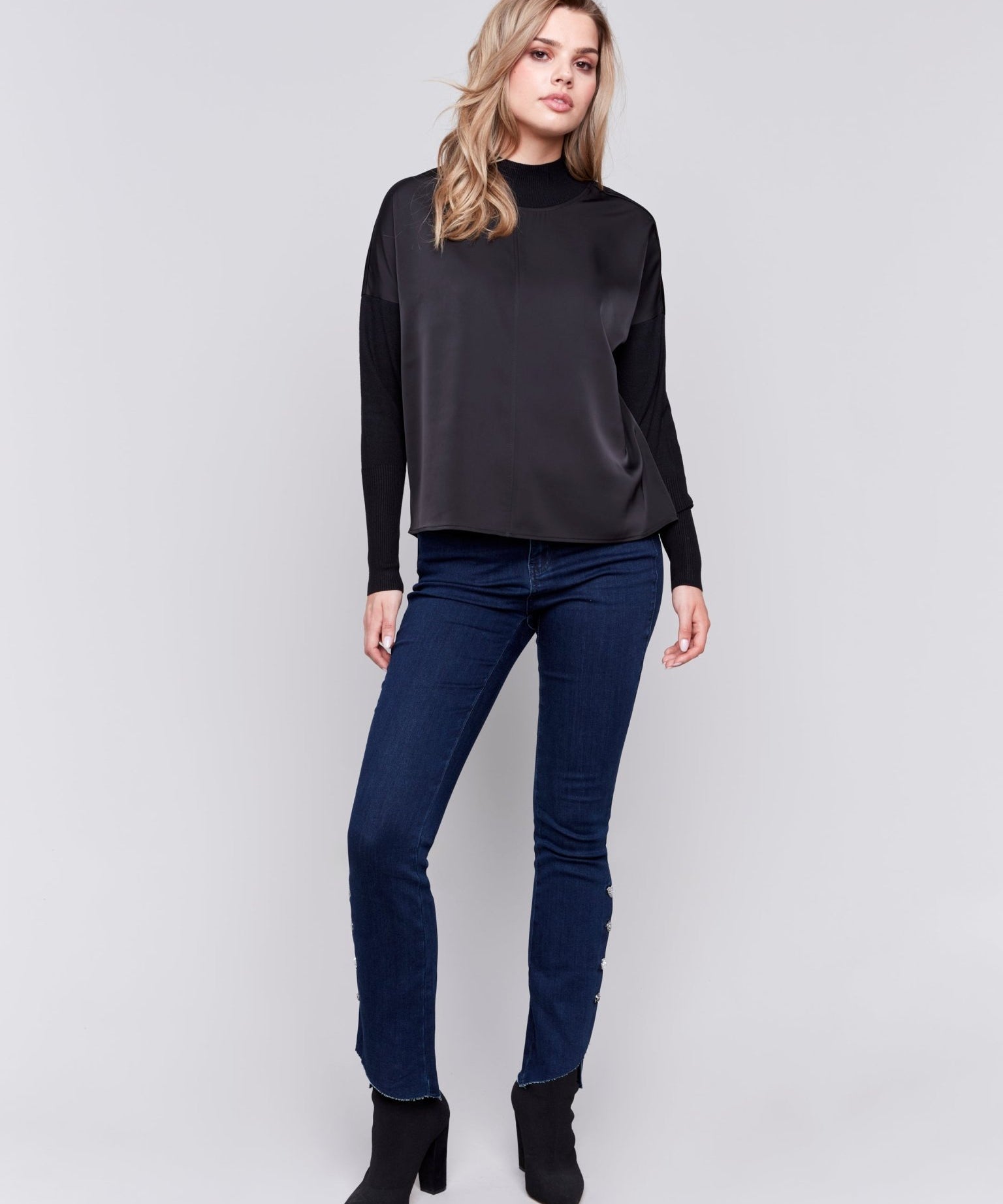 Mock - Neck Satin - Knit Combo Top With Front Seam Detail And Rib Cuffs - Charlie B - 690178515774 - Sugar River Shoppe - 
