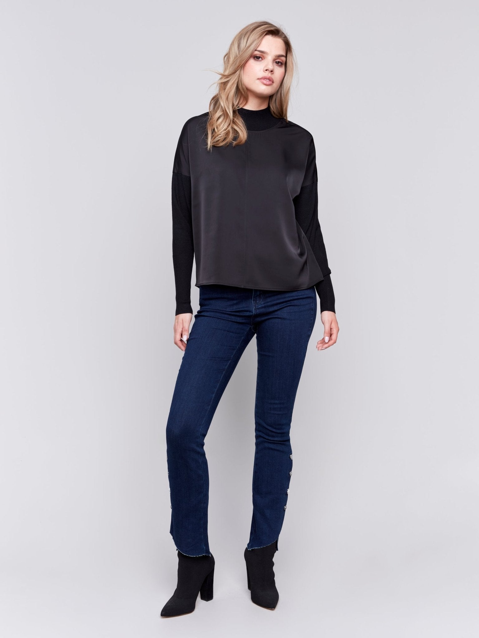Mock - Neck Satin - Knit Combo Top With Front Seam Detail And Rib Cuffs - Charlie B - 690178515774 - Sugar River Shoppe - 