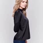 Mock - Neck Satin - Knit Combo Top With Front Seam Detail And Rib Cuffs - Charlie B - 690178515774 - Sugar River Shoppe - 