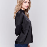 Mock - Neck Satin - Knit Combo Top With Front Seam Detail And Rib Cuffs - Charlie B - 690178515774 - Sugar River Shoppe - 
