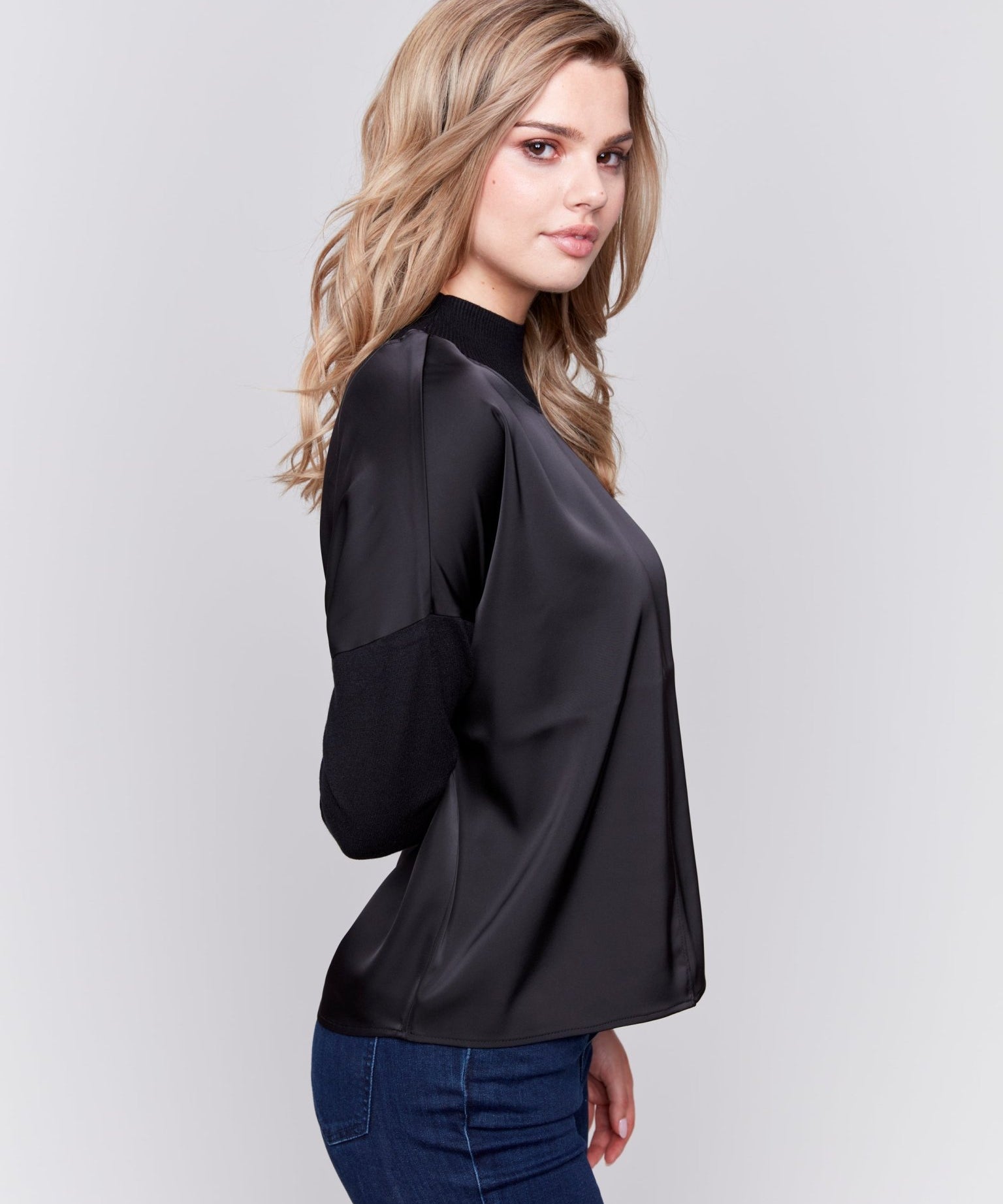 Mock - Neck Satin - Knit Combo Top With Front Seam Detail And Rib Cuffs - Charlie B - 690178515774 - Sugar River Shoppe - 