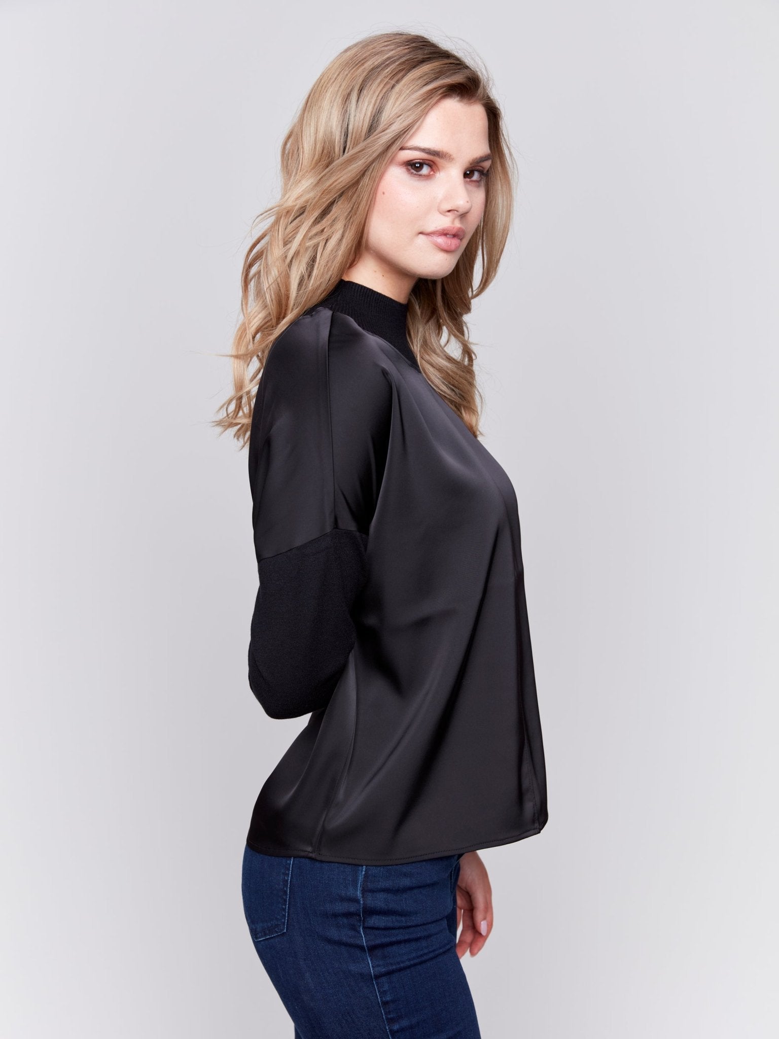 Mock - Neck Satin - Knit Combo Top With Front Seam Detail And Rib Cuffs - Charlie B - 690178515774 - Sugar River Shoppe - 