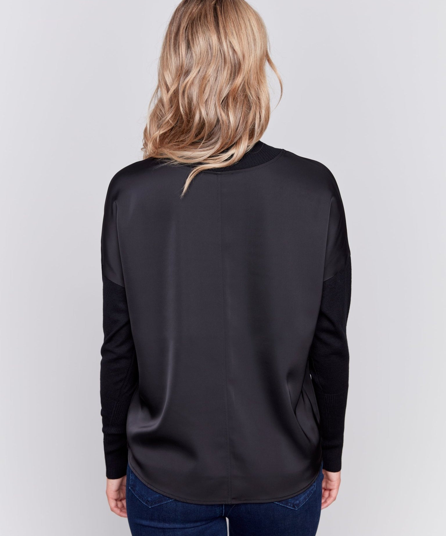 Mock - Neck Satin - Knit Combo Top With Front Seam Detail And Rib Cuffs - Charlie B - 690178515774 - Sugar River Shoppe - 