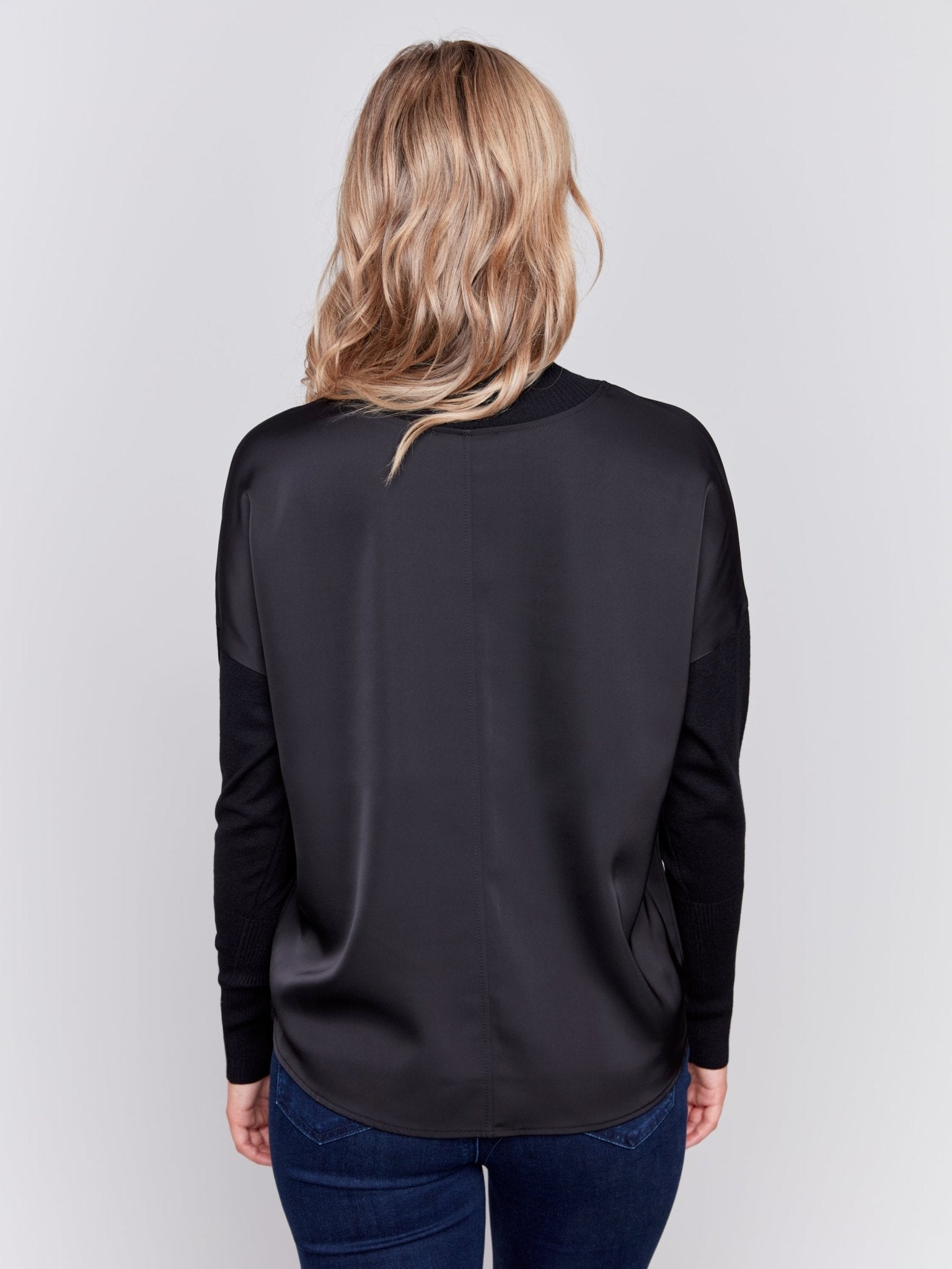 Mock - Neck Satin - Knit Combo Top With Front Seam Detail And Rib Cuffs - Charlie B - 690178515774 - Sugar River Shoppe - 