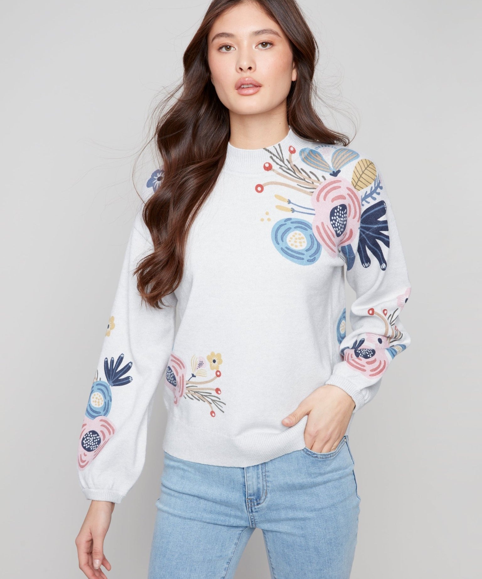 Mock Neck Sweater with Placed Print - Charlie B - 690178710162 - Sugar River Shoppe - 