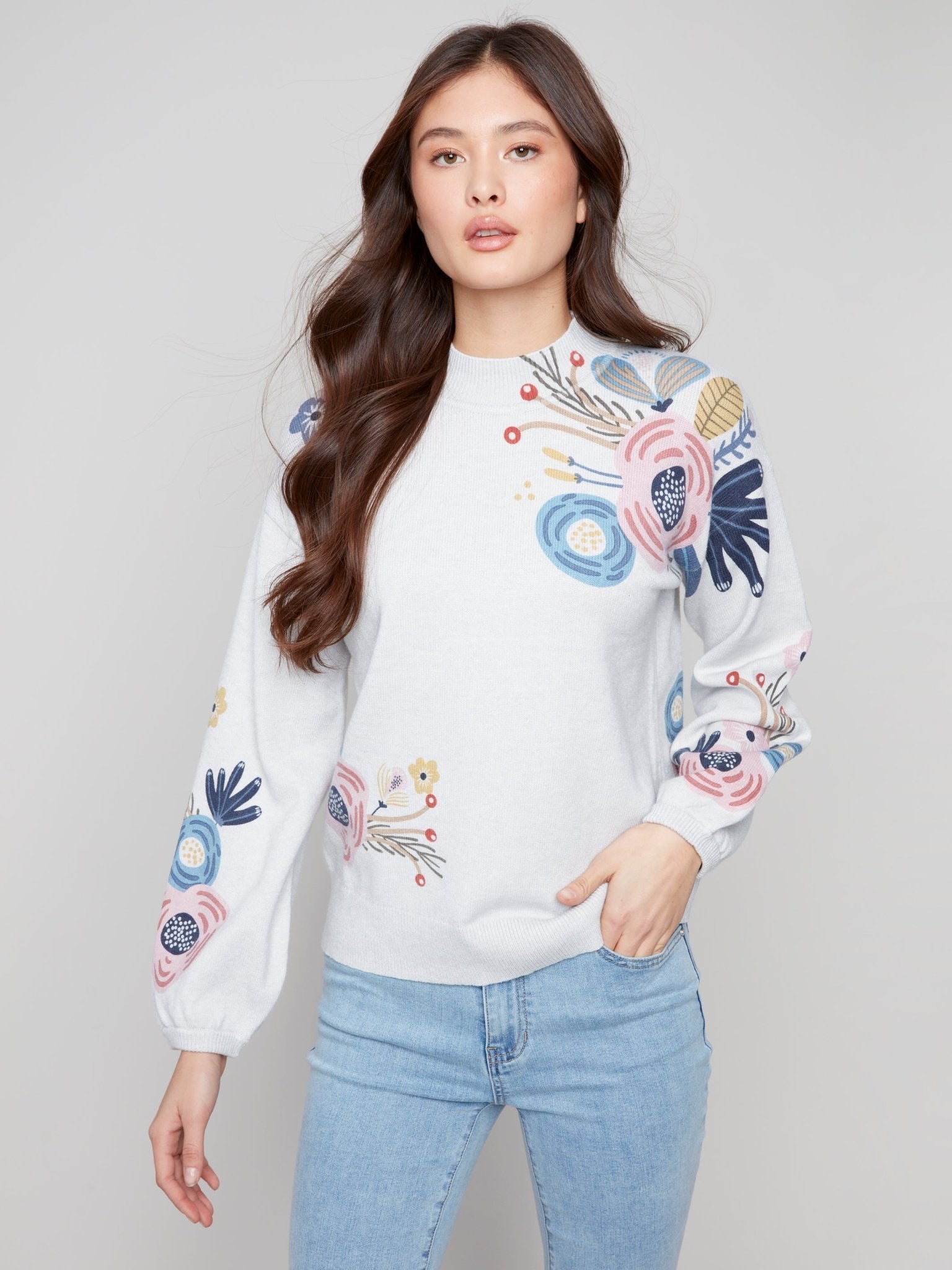 Mock Neck Sweater with Placed Print - Charlie B - 690178710162 - Sugar River Shoppe - 