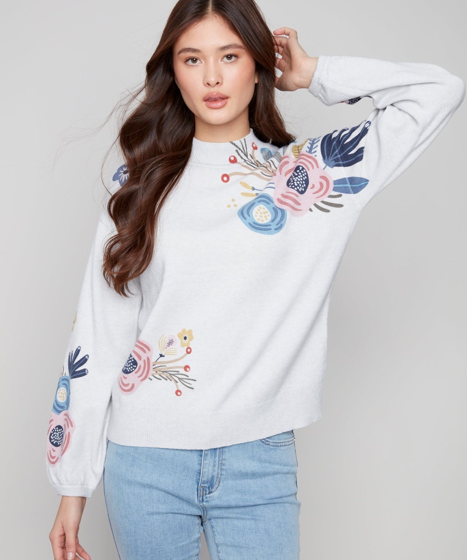 Mock Neck Sweater with Placed Print - Charlie B - 690178710162 - Sugar River Shoppe - 