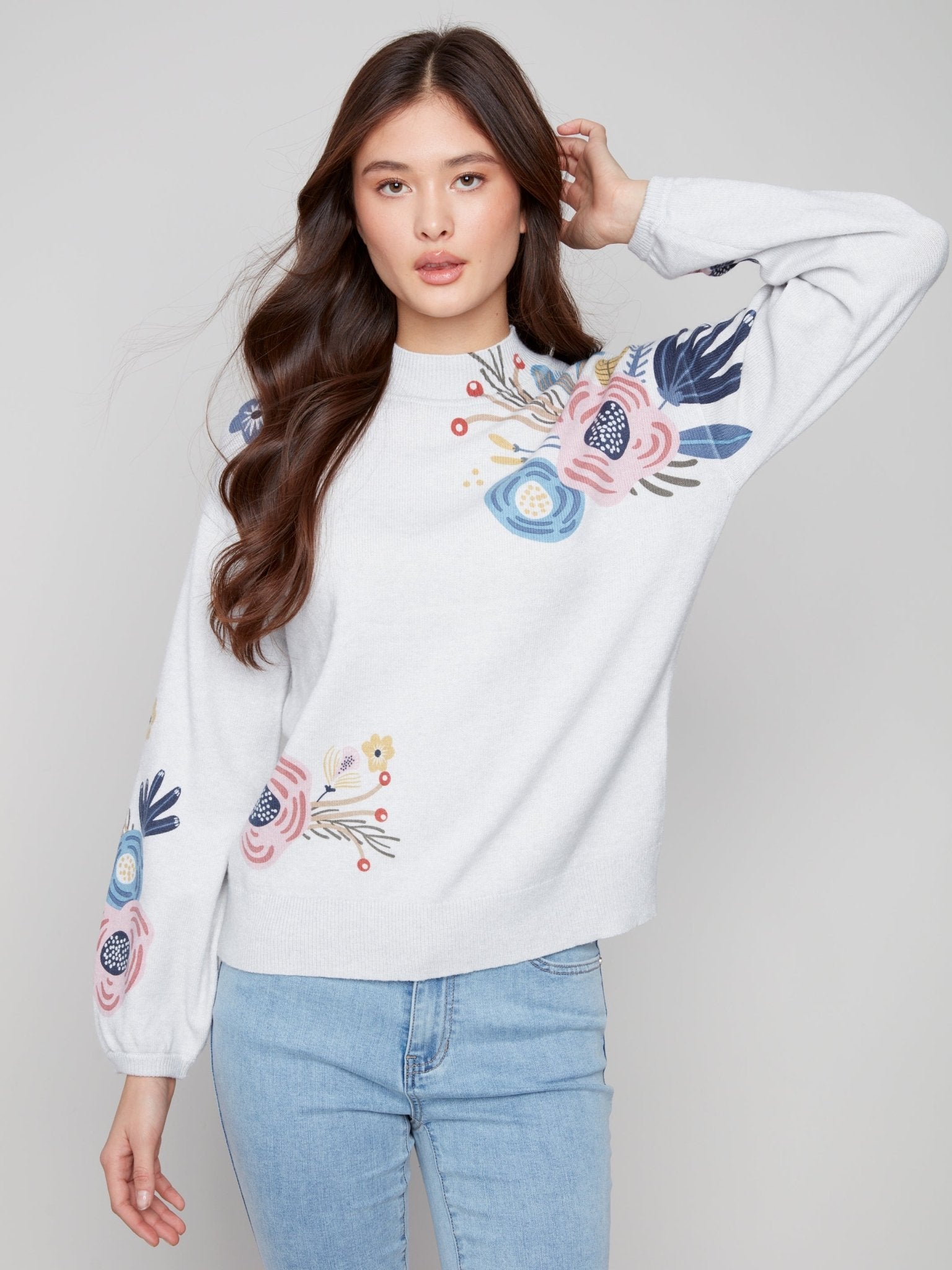 Mock Neck Sweater with Placed Print - Charlie B - 690178710162 - Sugar River Shoppe - 